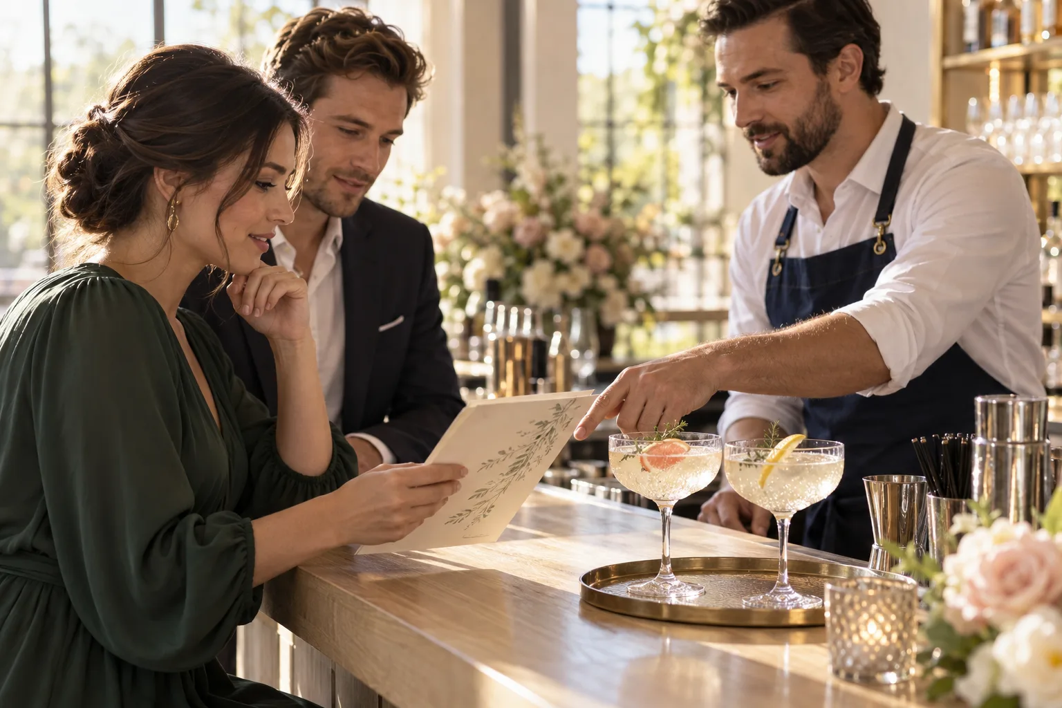 A couple discusses a drinks menu with a bartender beside two citrus drinks without vapor.