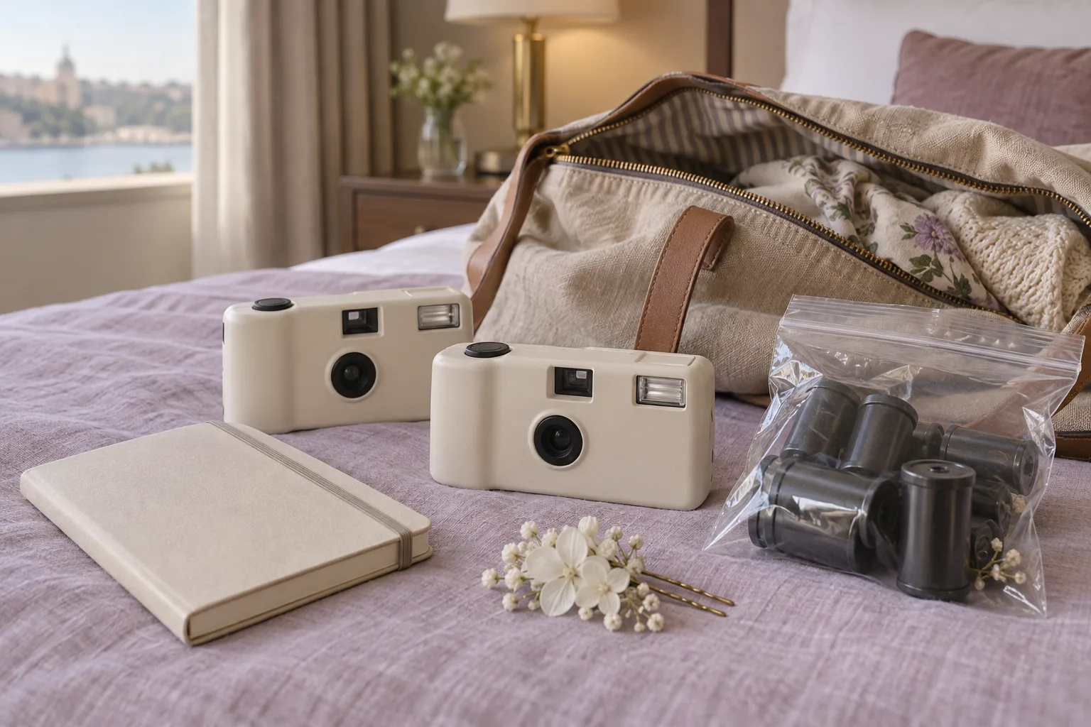 Two unbranded single-use film cameras and closed film containers packed beside a travel tote and floral hair accessory