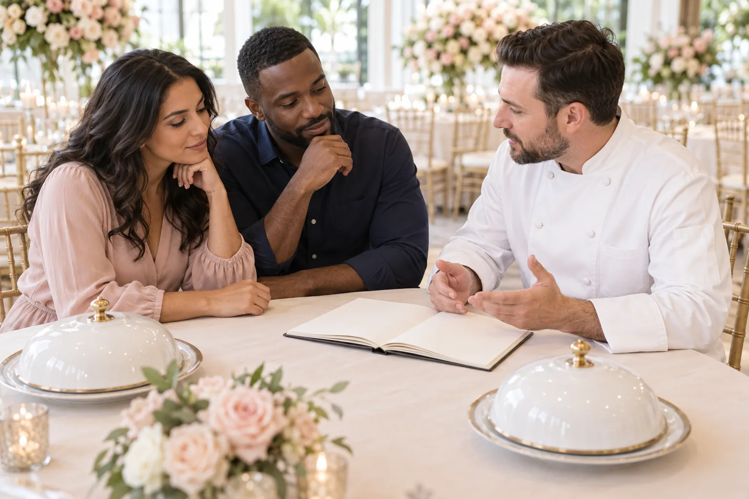 A couple discussing meal notes with a chef at a reception table with separate covered plates