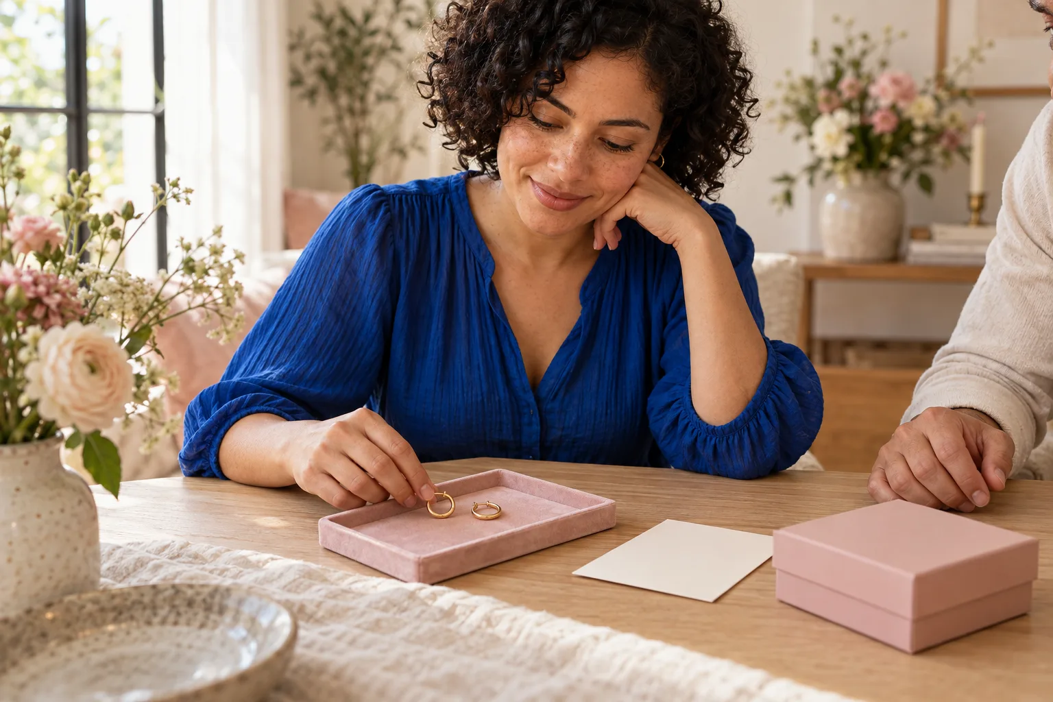 A woman in a cobalt blouse examines small gold-colored hoop earrings on a blush tray beside a blank card and pink box.