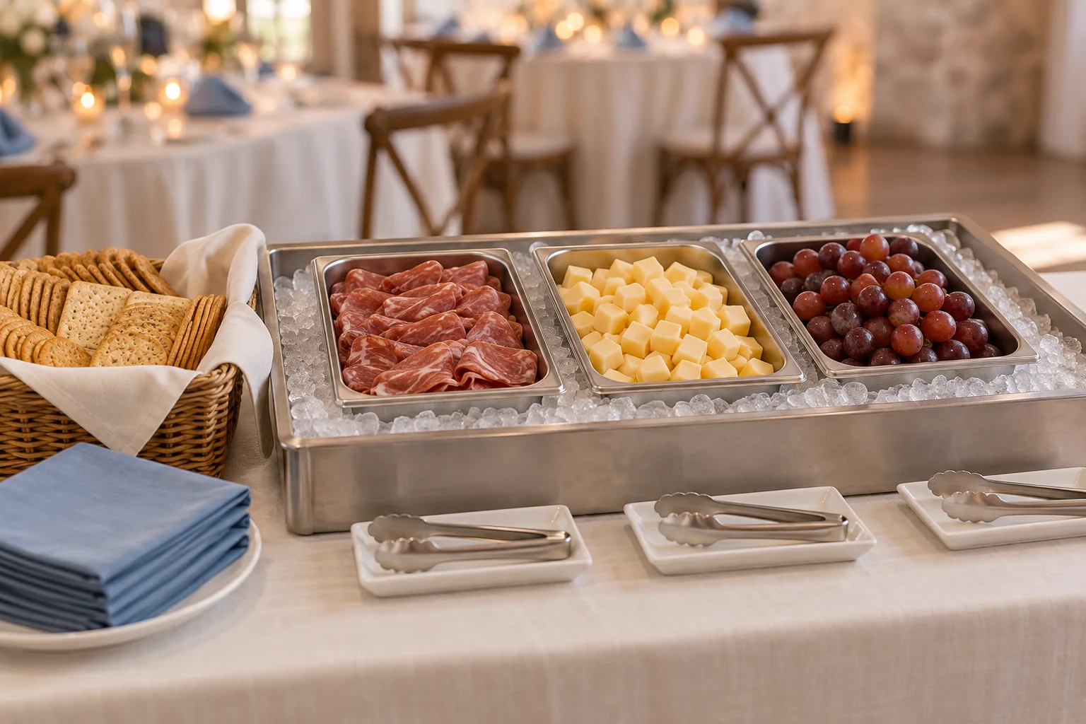 Separate trays of cured meat, cheese and grapes in an ice holding tray with dedicated serving tongs
