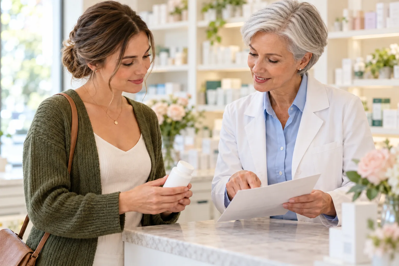 A woman in a green cardigan discusses a plain supplement bottle with a pharmacist.