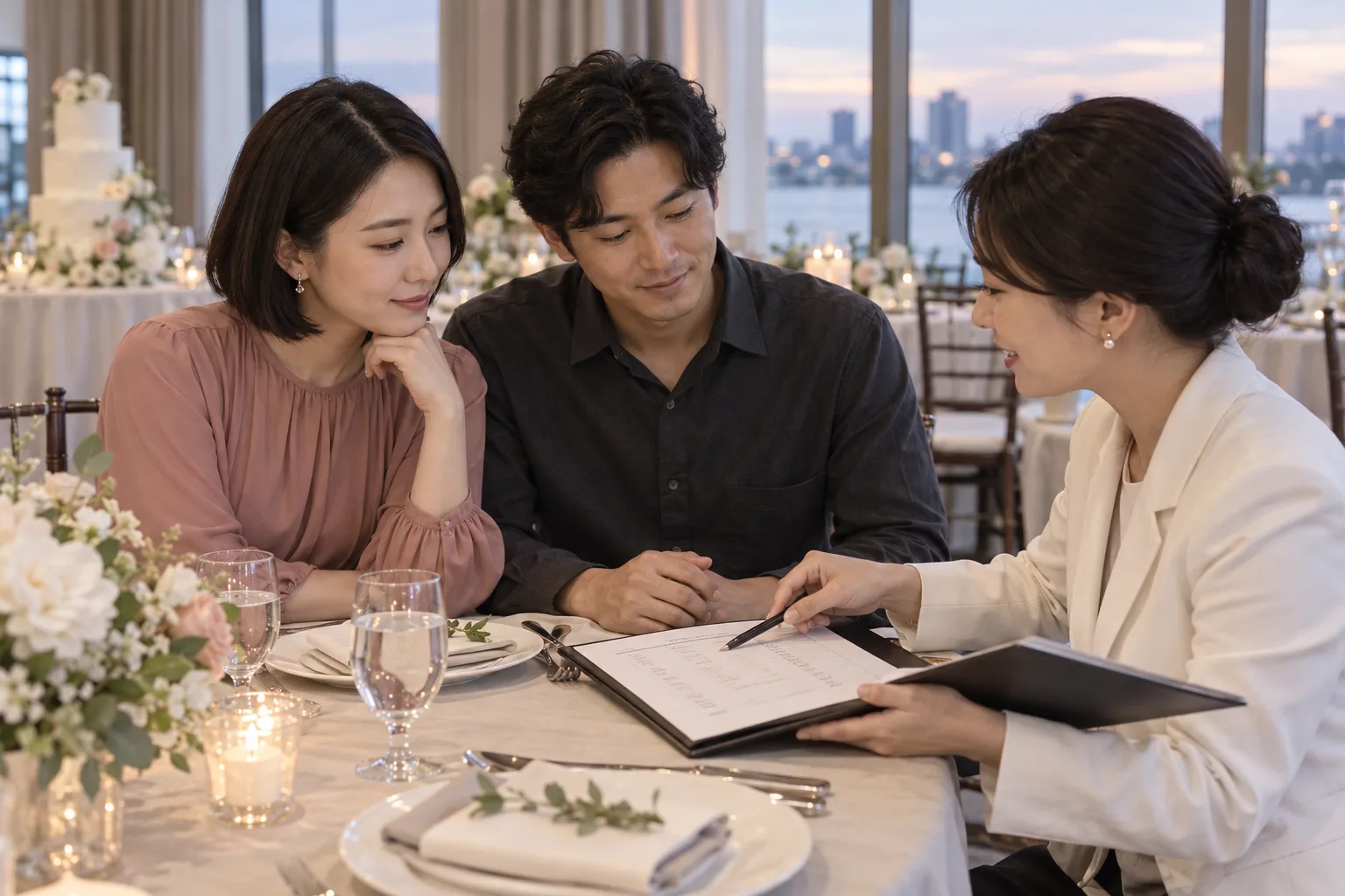 A bride and partner discussing dinner timing with a coordinator at a reception table beside a plain schedule and place setting
