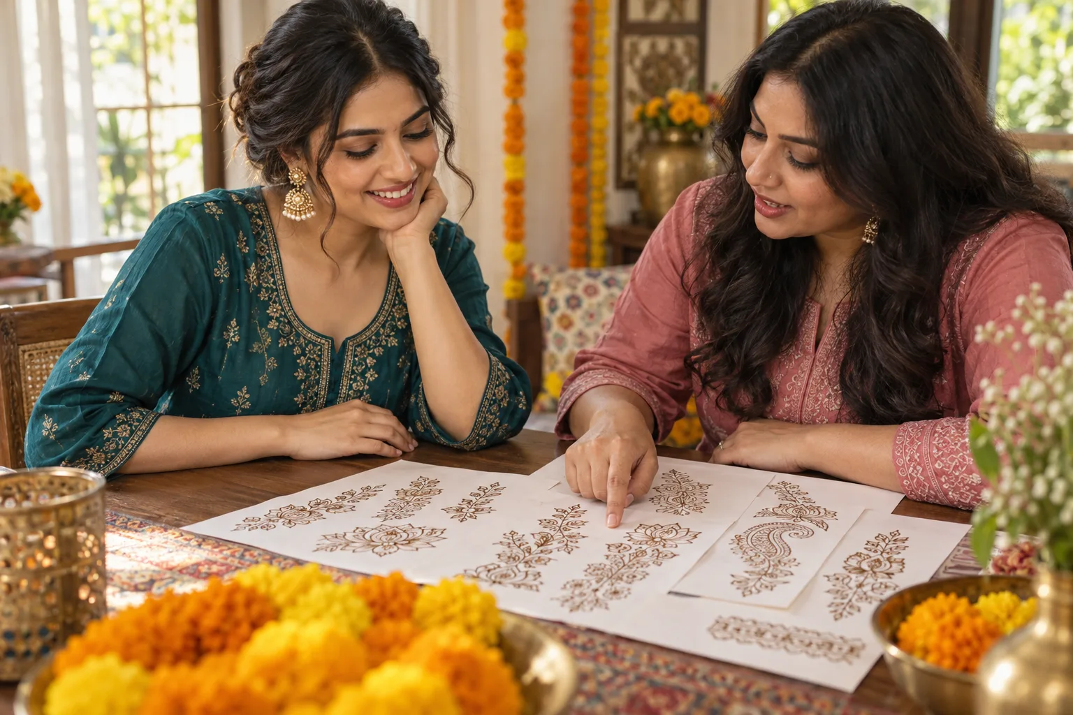A bride-to-be and mehndi artist discussing brown floral designs on paper before an appointment