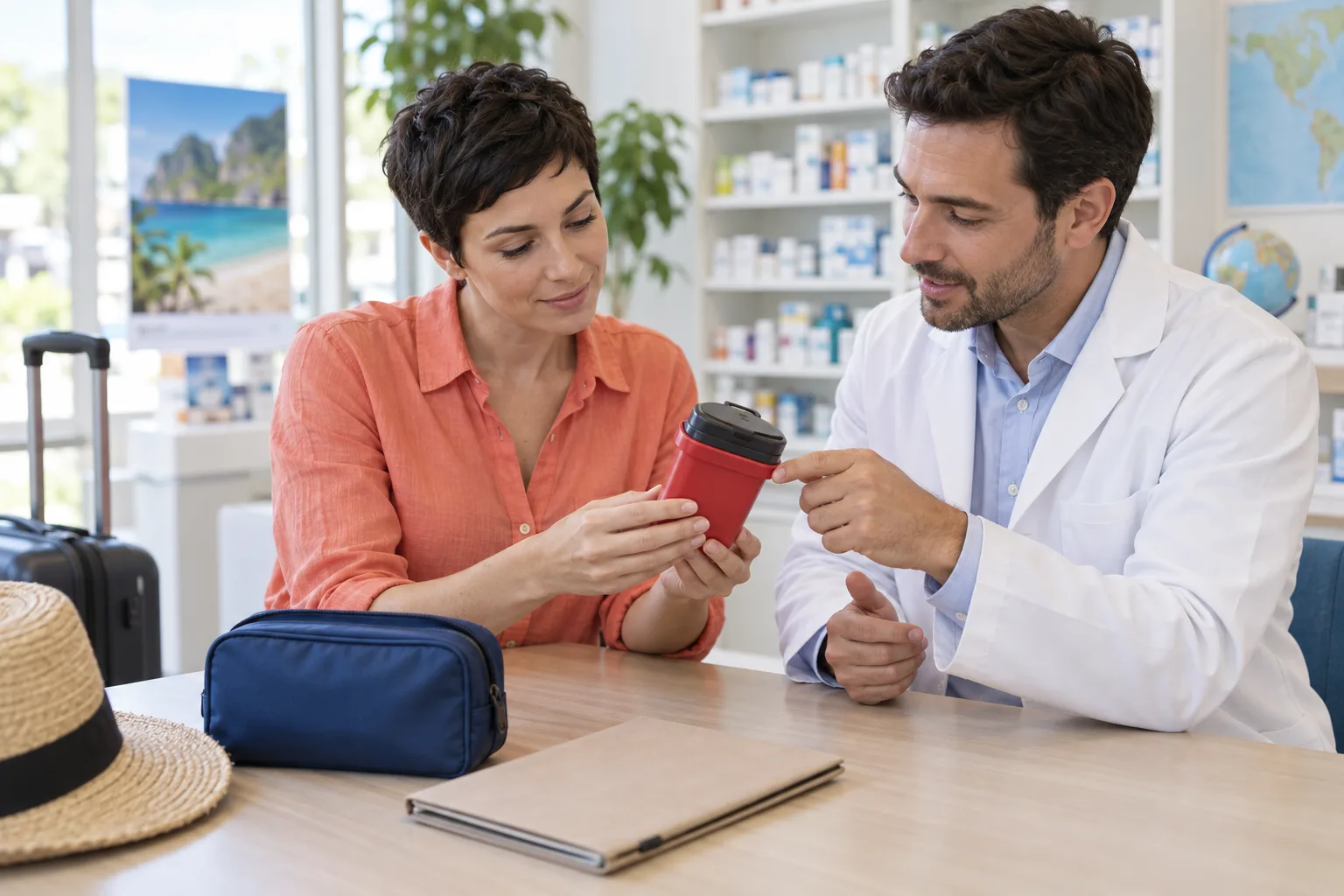 A traveler reviewing a small closed sharps container and travel supply pouch with a pharmacist before a trip