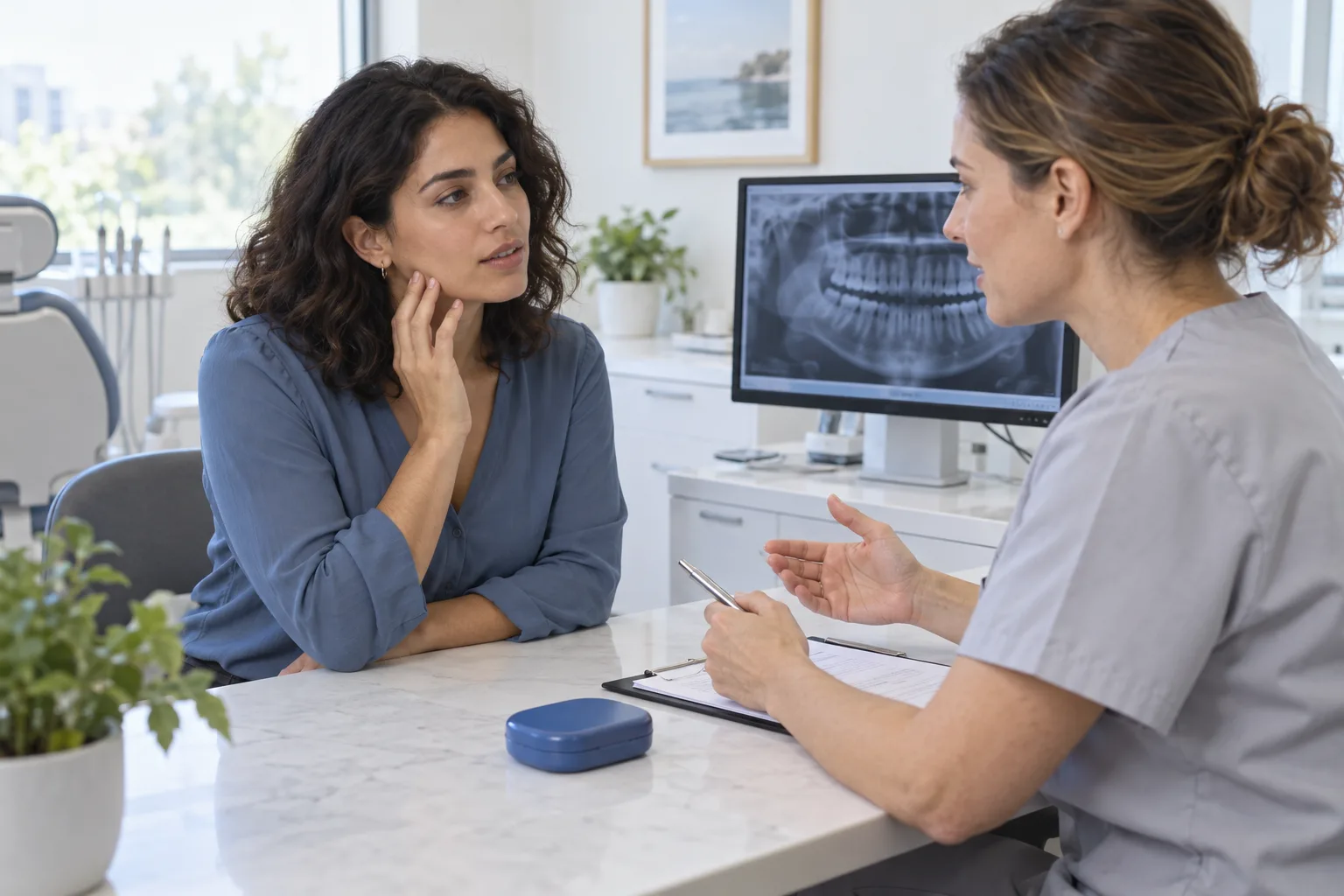 An adult bride discussing jaw symptoms with a dentist at a consultation desk beside a closed appliance case