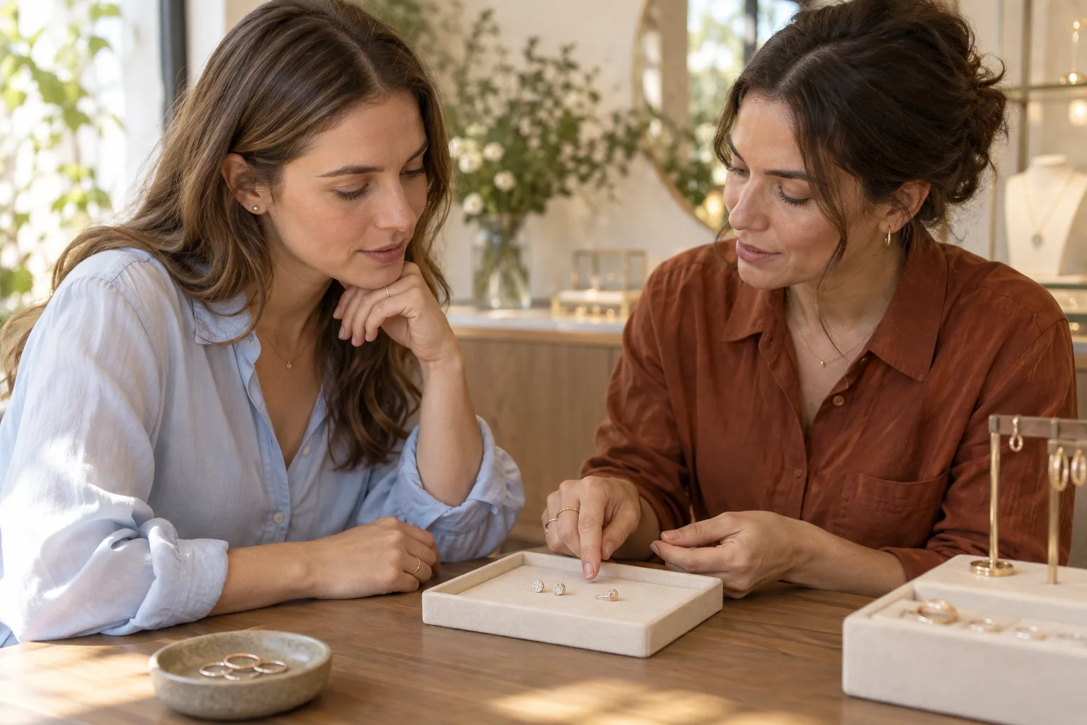 A woman in a pale blue blouse discussing earrings and rings with a jeweler over a display tray