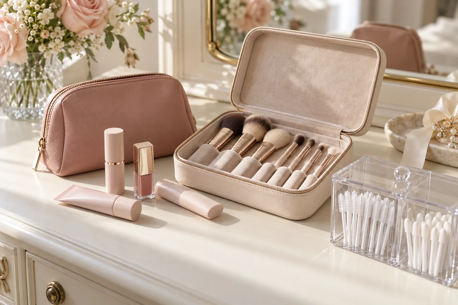 An orderly bridal makeup station with protected clean brushes, disposable applicators and an individual rose-colored touch-up pouch