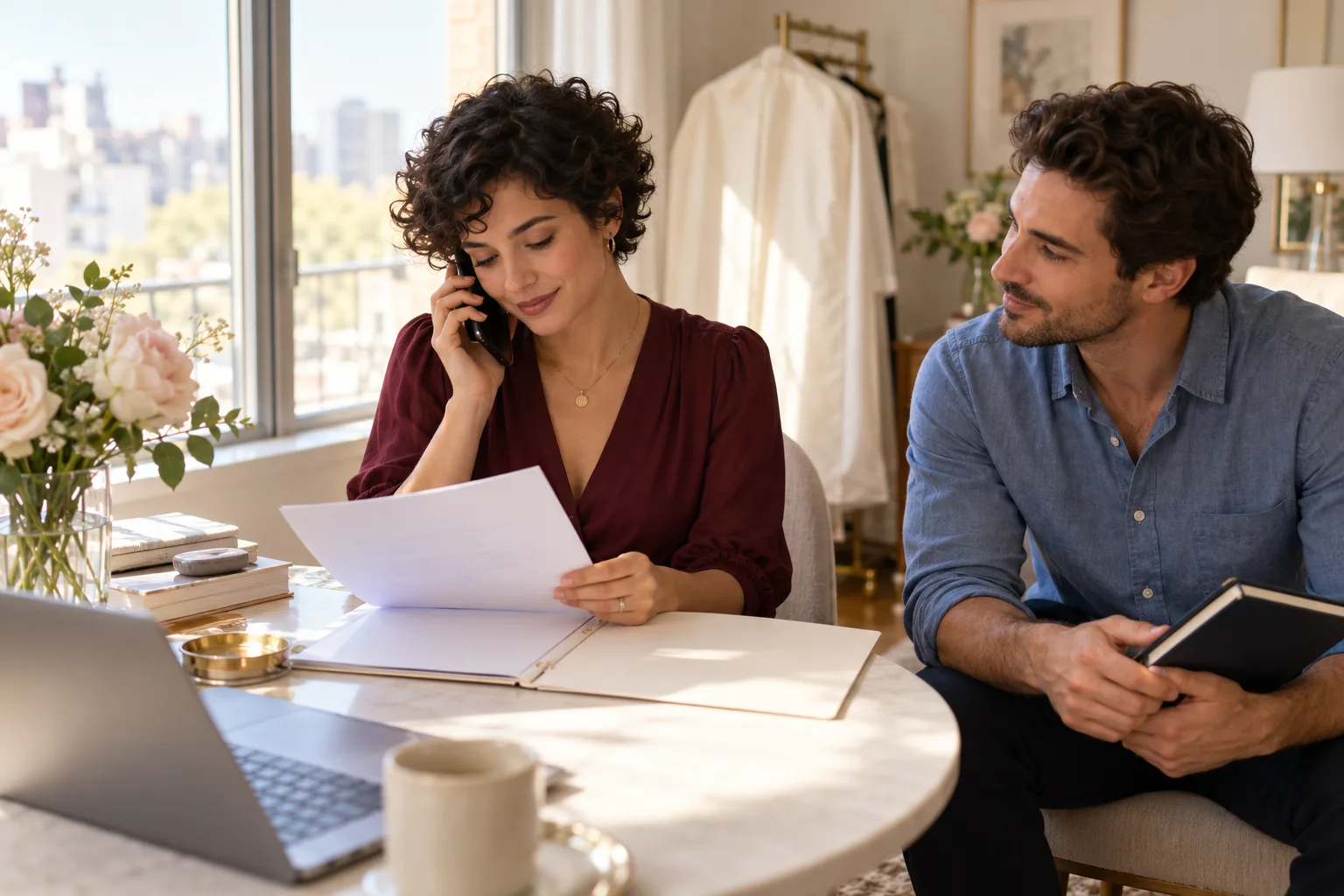A woman in a burgundy blouse calls about an order while her partner reviews their paperwork.