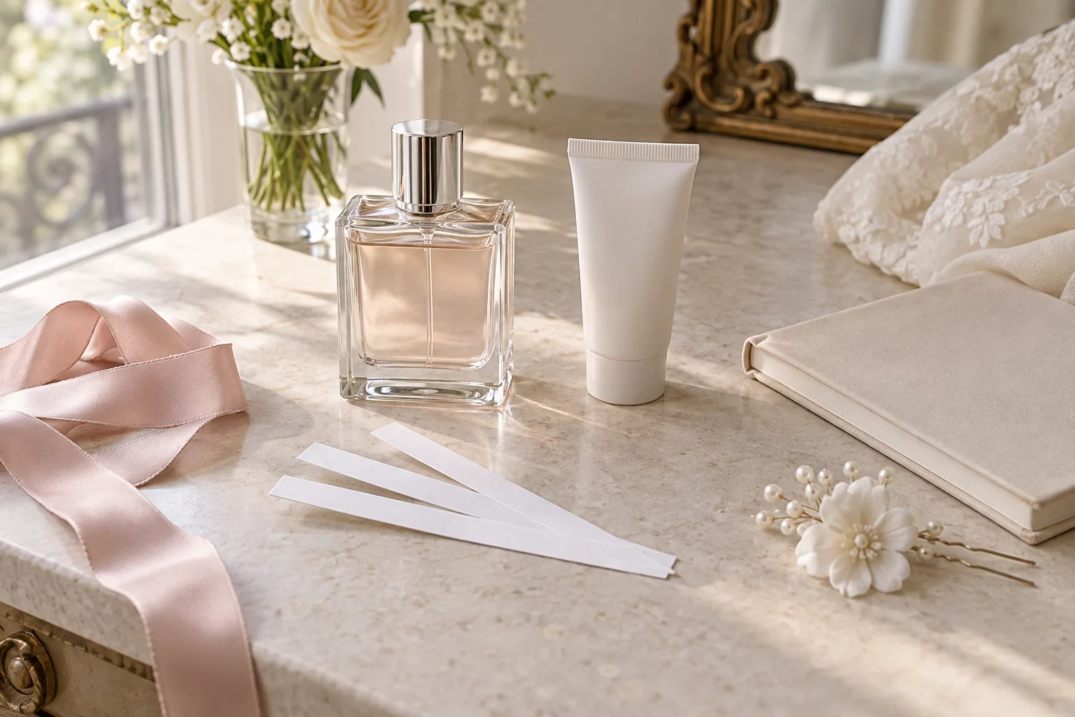 An unbranded closed perfume bottle beside blank scent strips, a lotion tube and a floral hairpin