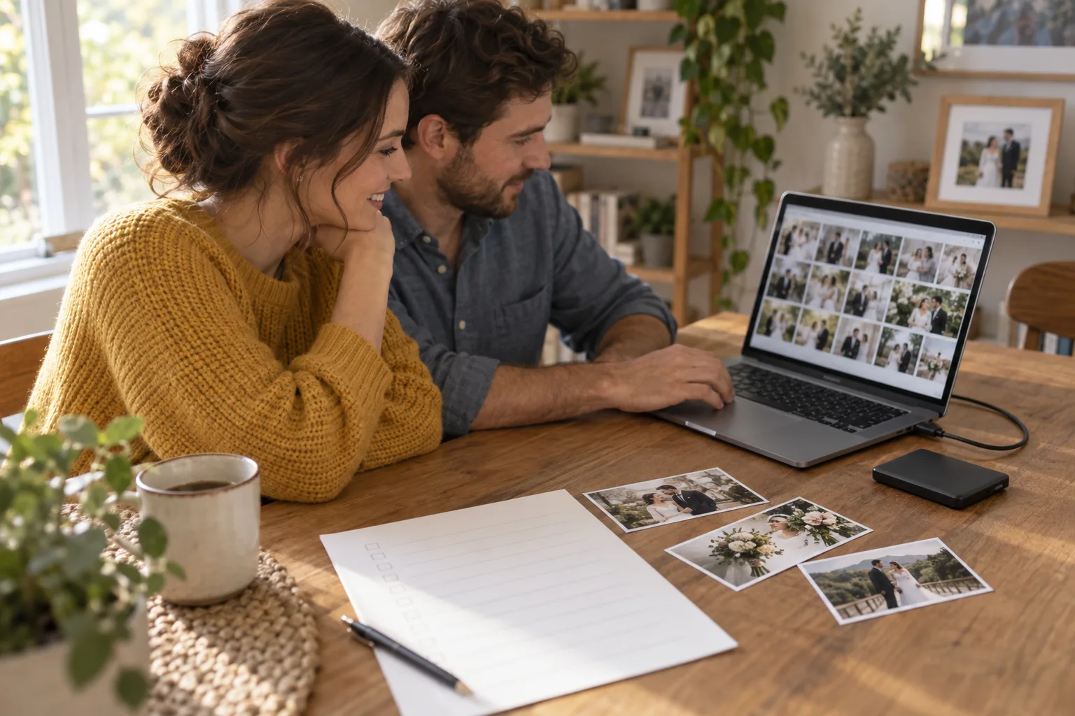 A newlywed couple checking wedding photographs on a laptop with a separate storage drive and printed photo inventory