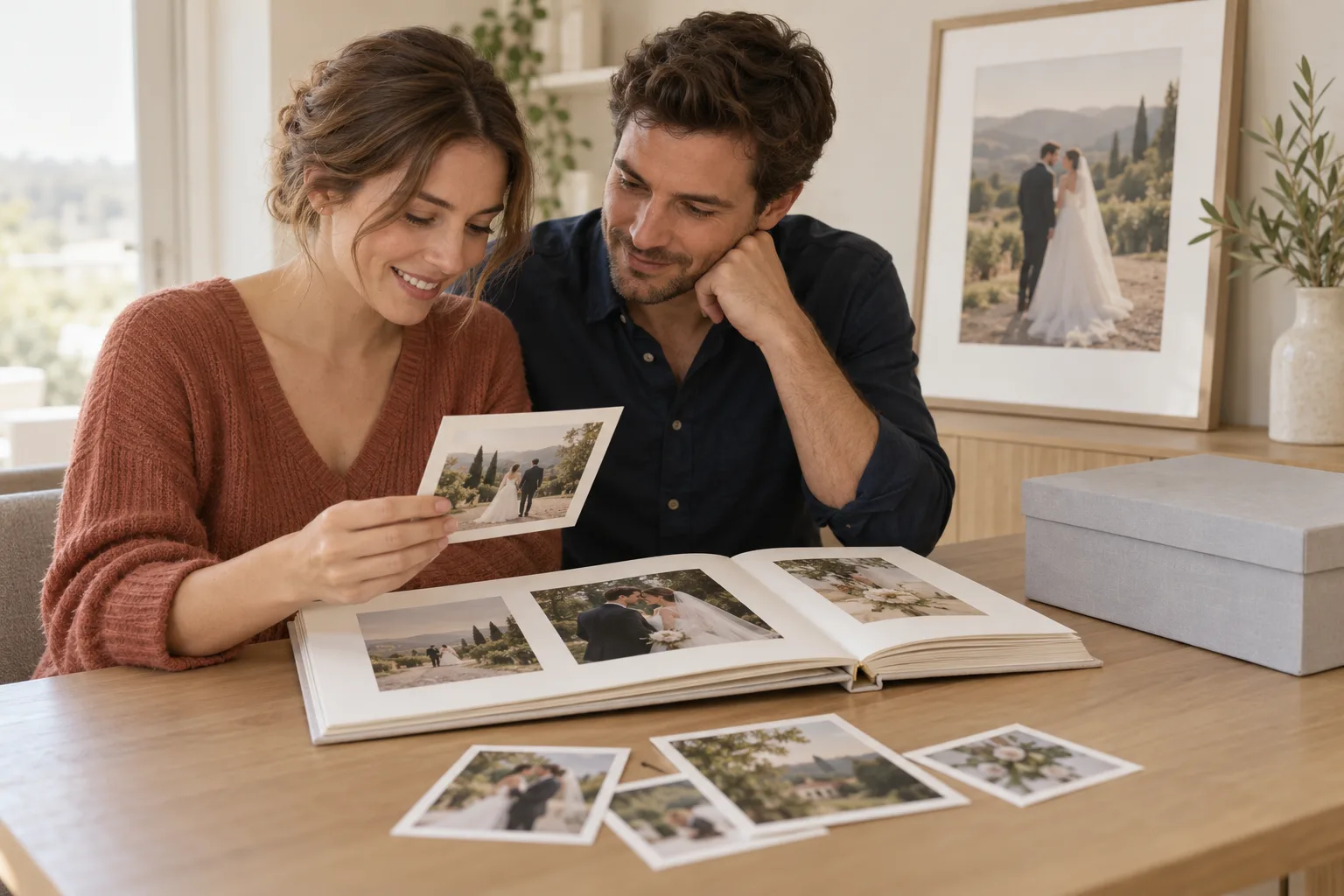 A newlywed couple looking through wedding prints beside an album, framed portrait and storage box