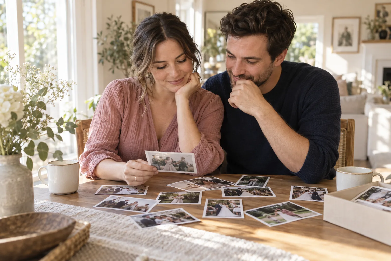 A couple reviewing printed wedding photographs together at a sunlit table