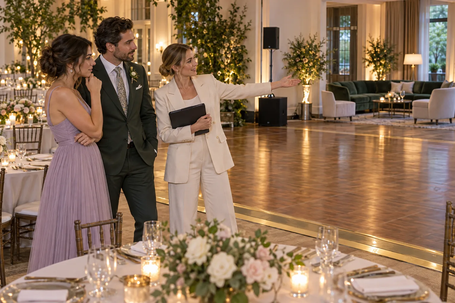 A couple discussing reception sound and seating with a coordinator beside a dance floor
