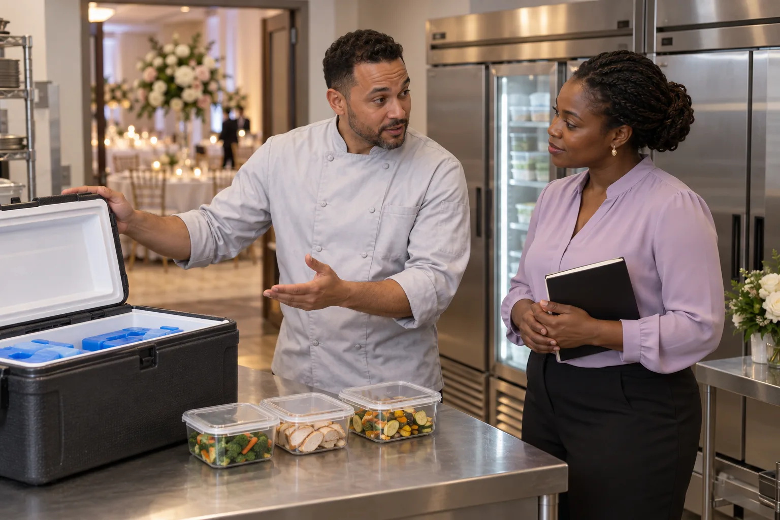 A caterer and coordinator discussing shallow sealed food containers and an insulated cooler in a service kitchen