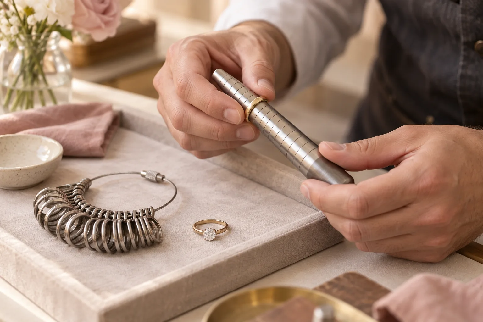Close view of a jeweler measuring a plain wedding band beside finger gauges and an engagement ring on a linen tray