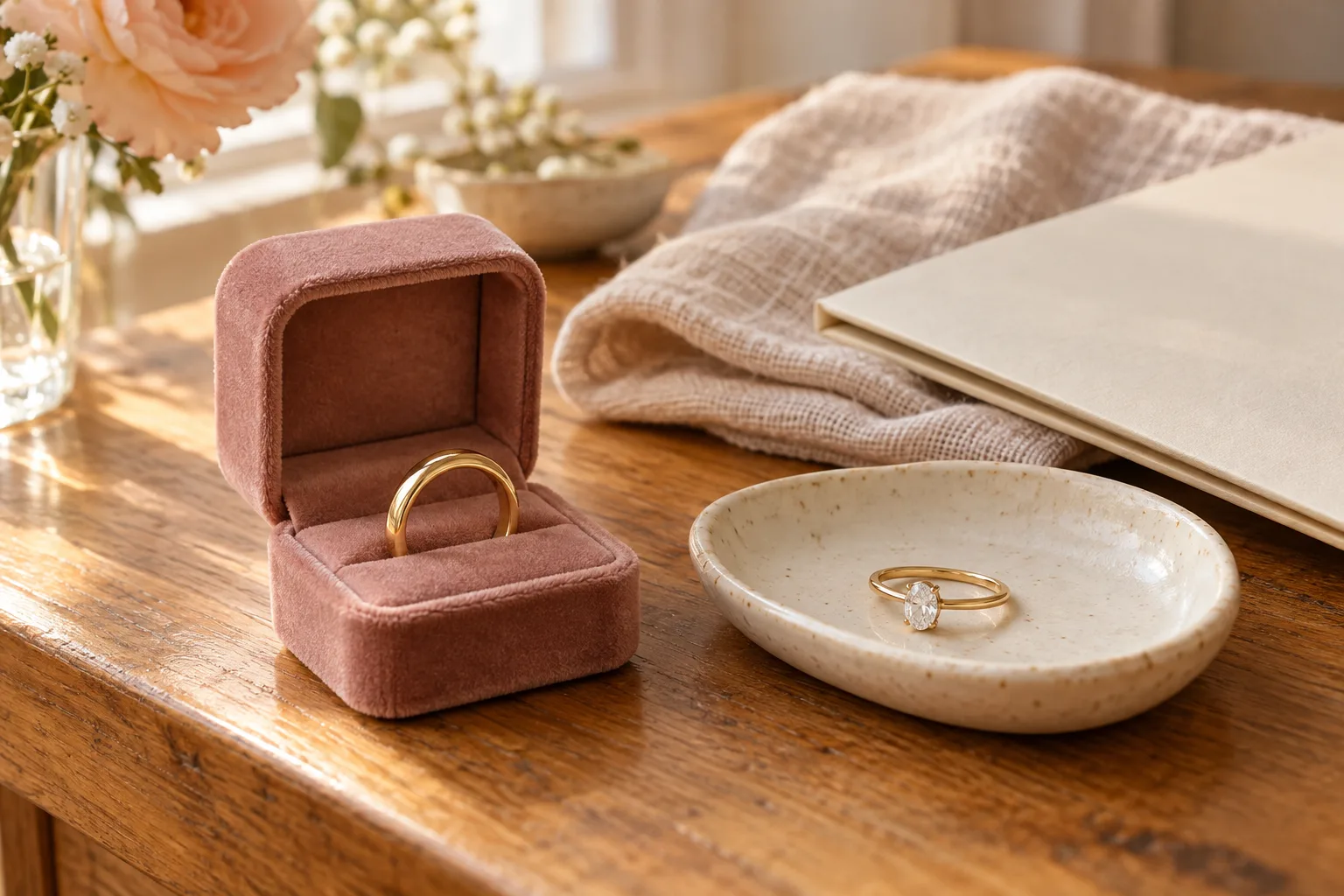 Gold wedding rings in a velvet box and ceramic tray beside a cream document folder