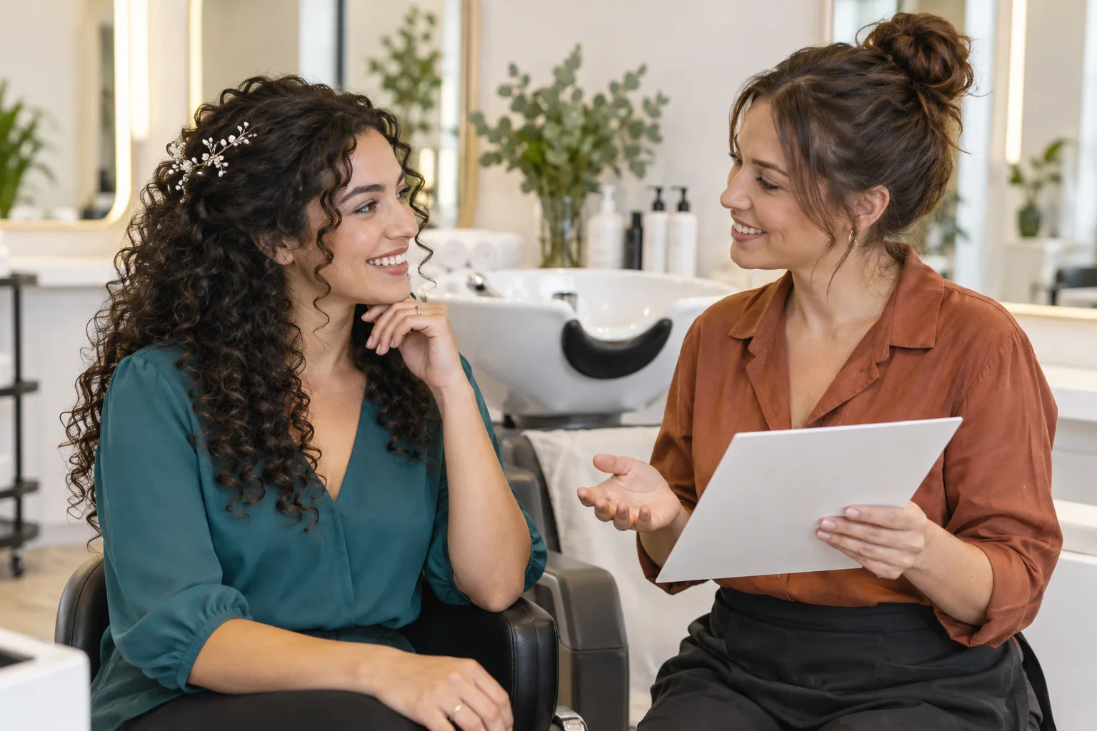 A bride with curly hair discussing a hair-care plan with a stylist beside a bright salon wash station
