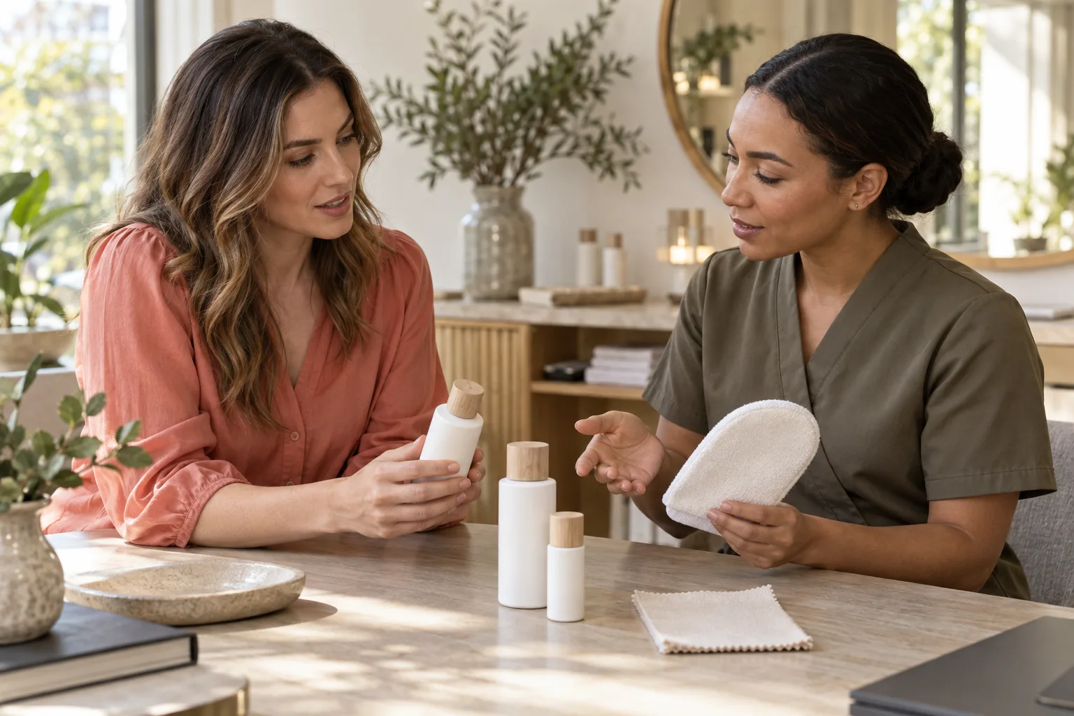 A woman in a soft coral blouse discussing cosmetic products and a washable fabric swatch with a beauty professional