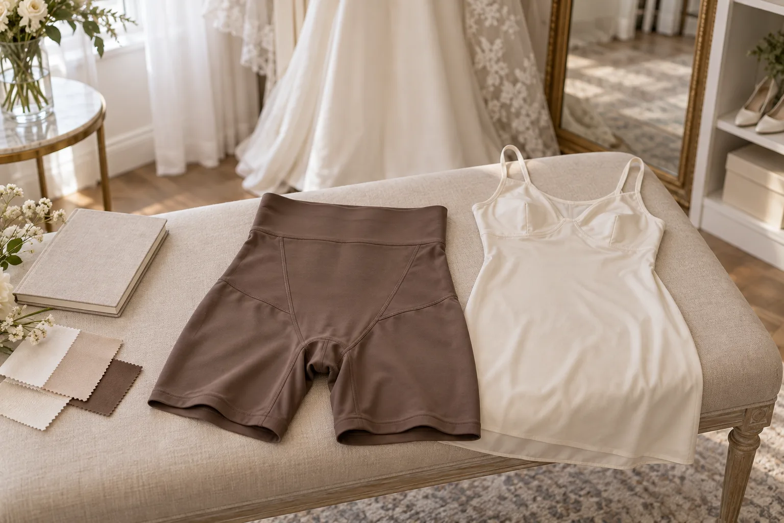Cocoa-brown shaping shorts and an ivory slip set beside fabric swatches on a bridal studio bench