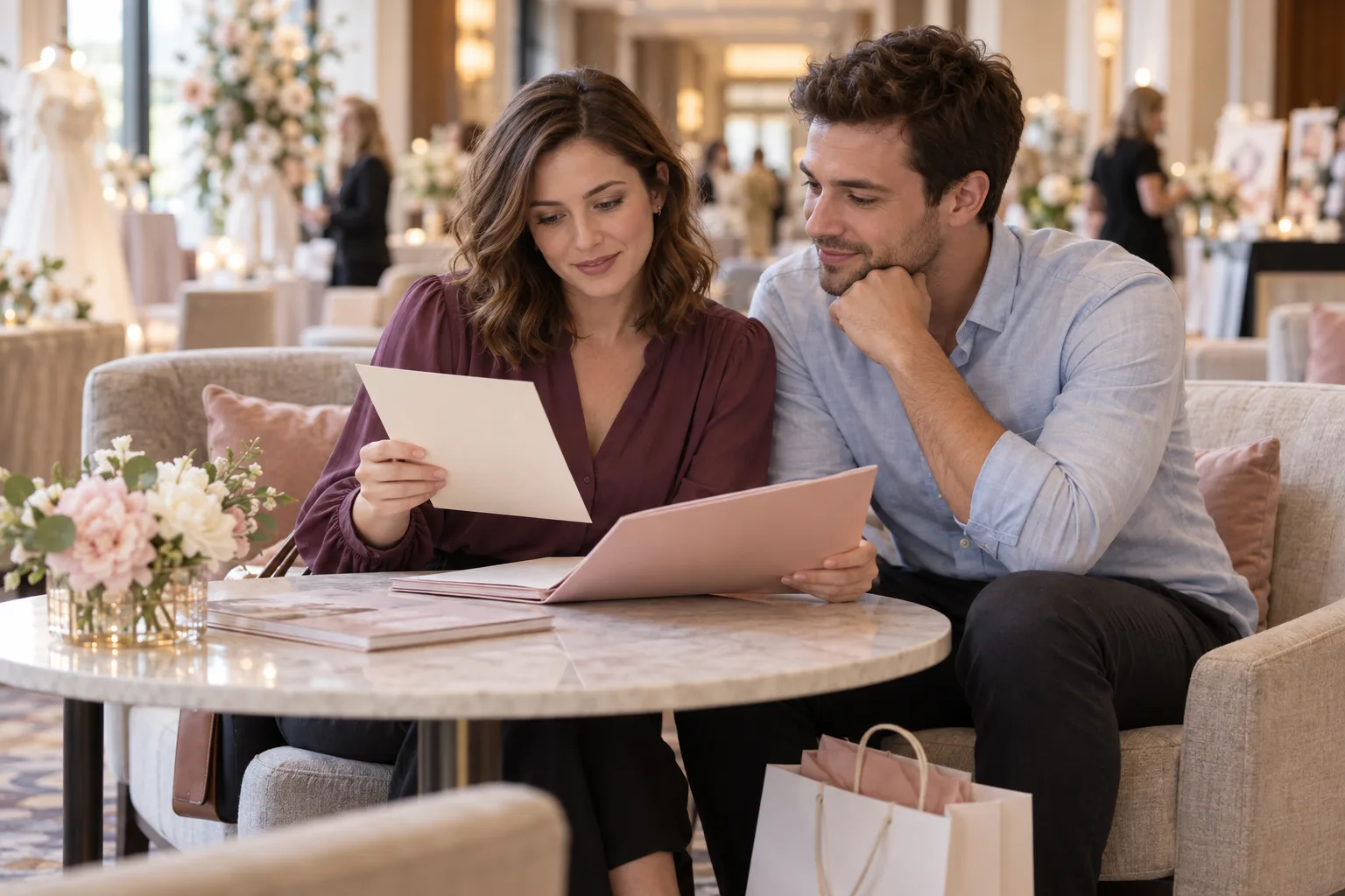 A couple in plum and blue shirts review a blank leaflet and folder in a hotel wedding-show lounge.