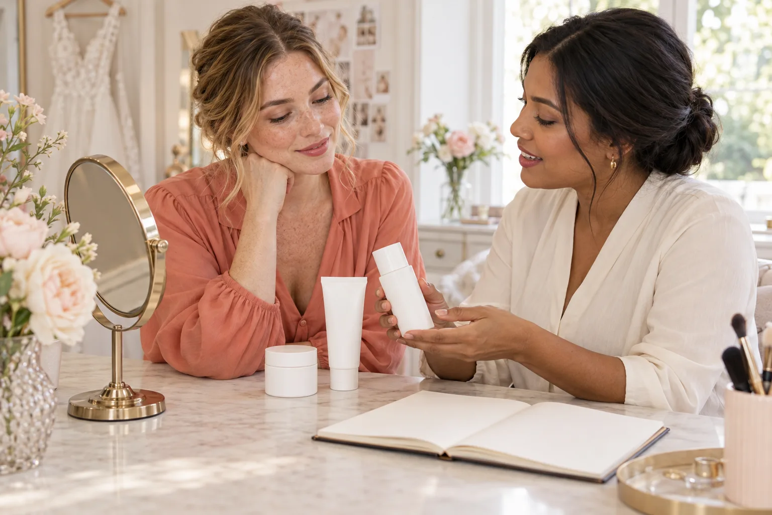 A woman and makeup artist reviewing a few plain skincare containers and a mirror at a bright vanity
