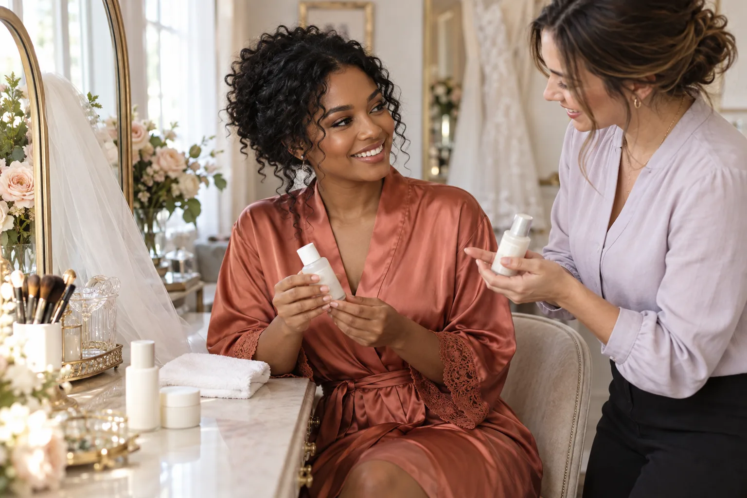 A bride in a terracotta robe discussing skincare bottles with a makeup artist at a vanity