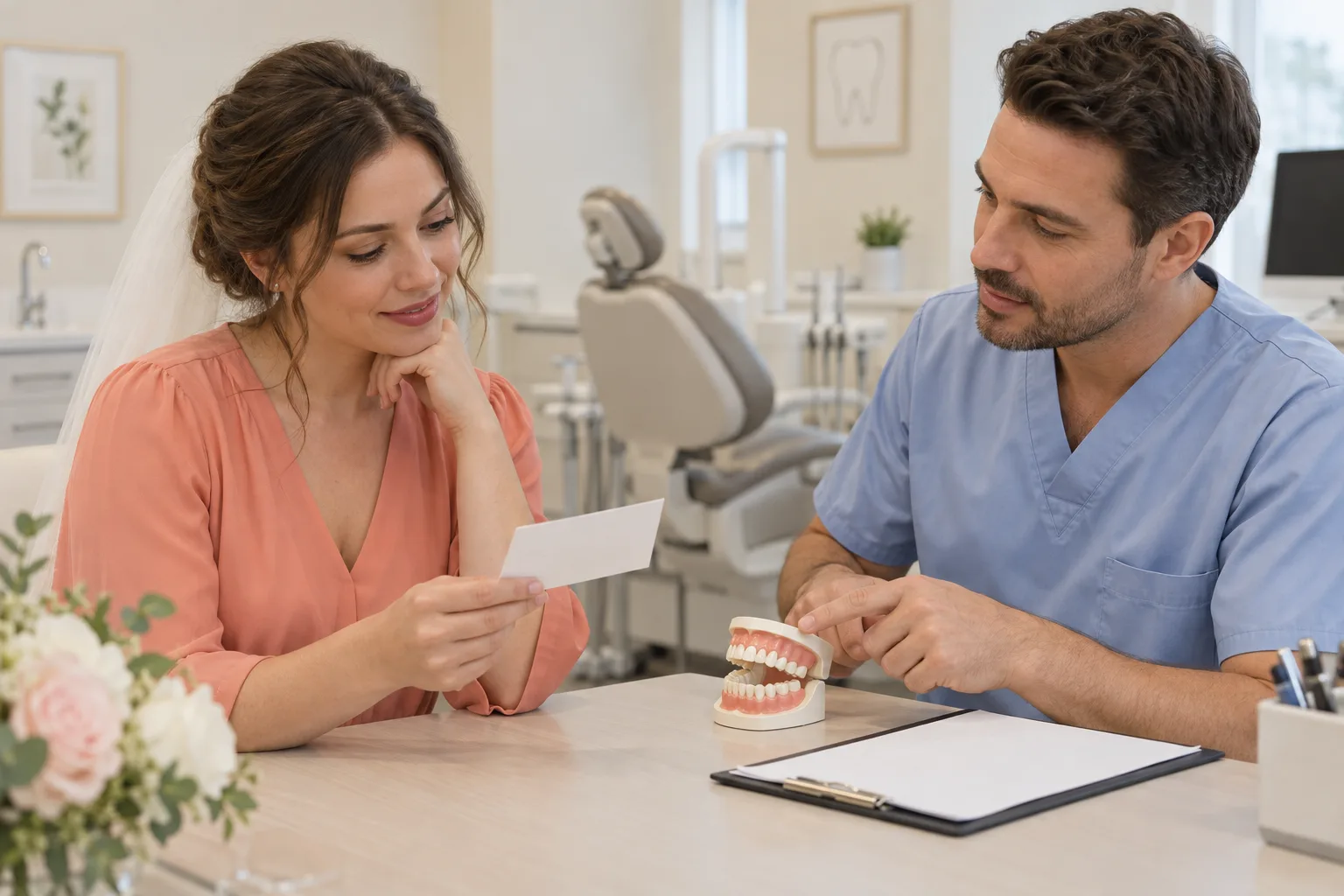 A bride discussing dental follow-up with a dentist beside a tooth model and a blank appointment card