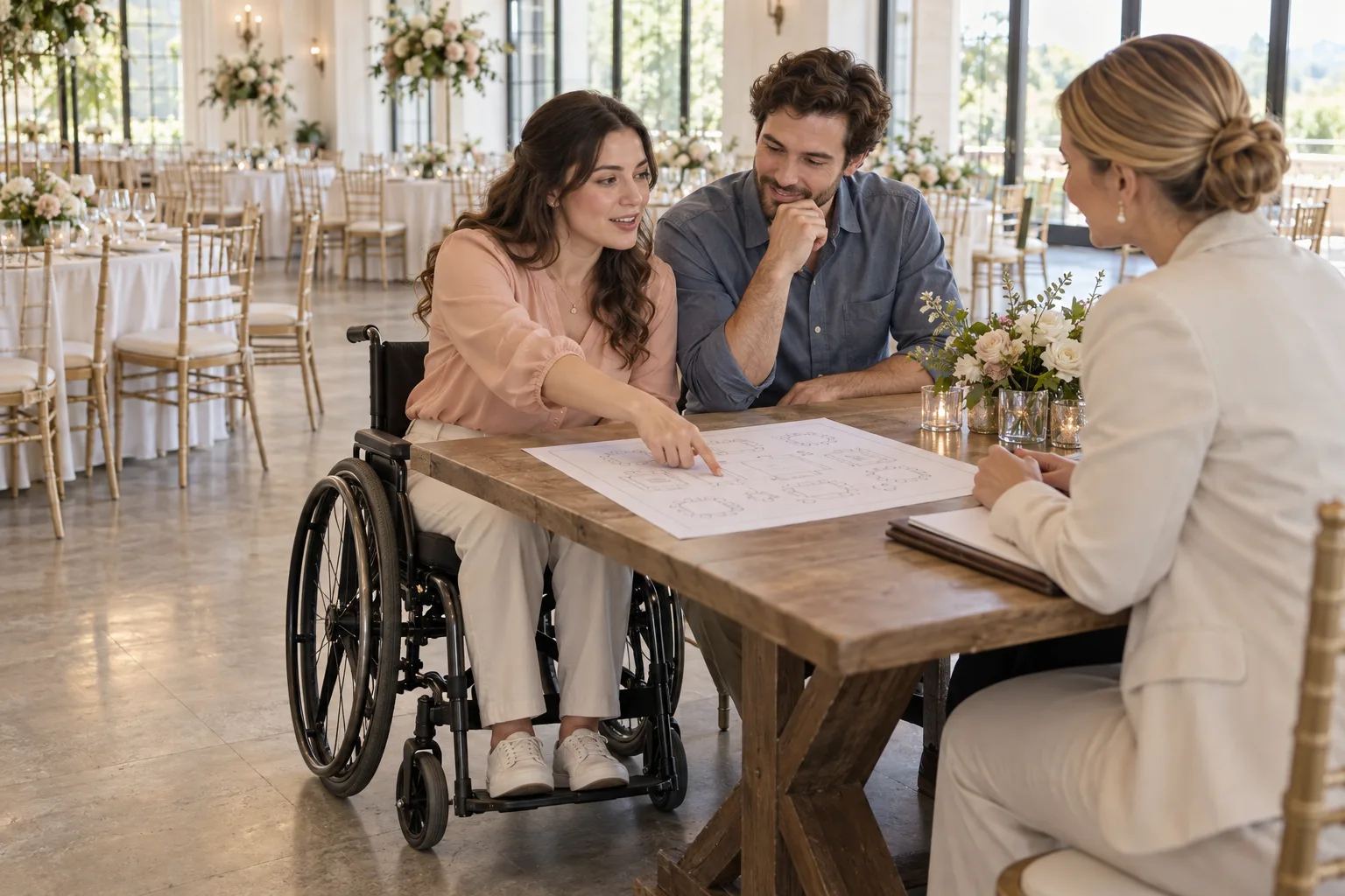 A couple and coordinator reviewing a wedding reception layout with one partner using a wheelchair