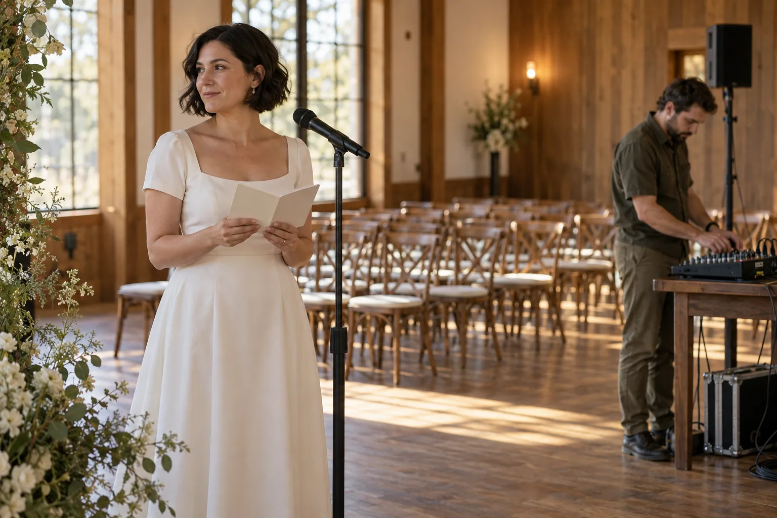 A bride holding a vow booklet while a sound technician checks a microphone in an empty ceremony room