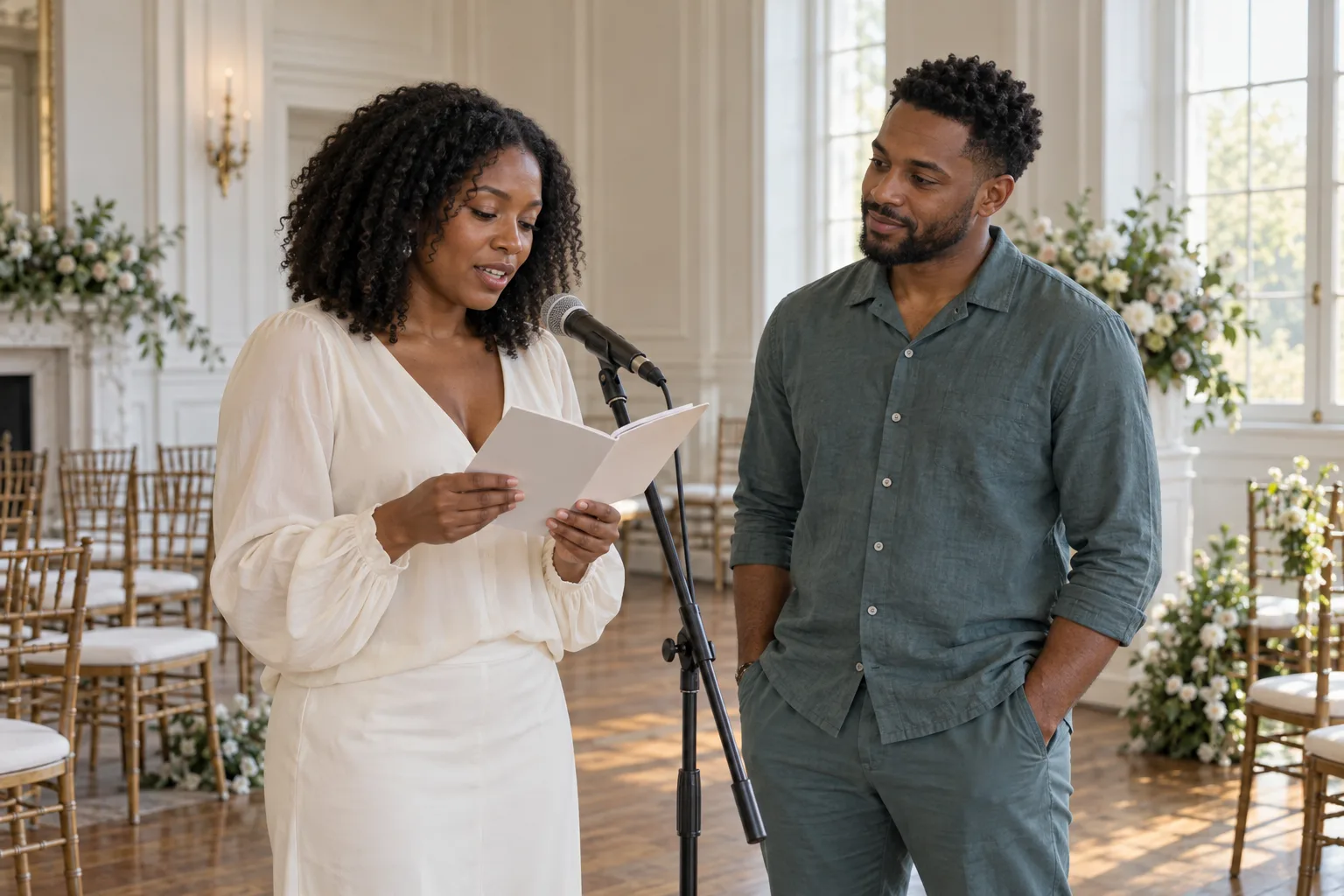 A couple in cream and muted teal practicing wedding vows with a microphone and open booklet in an empty ceremony room