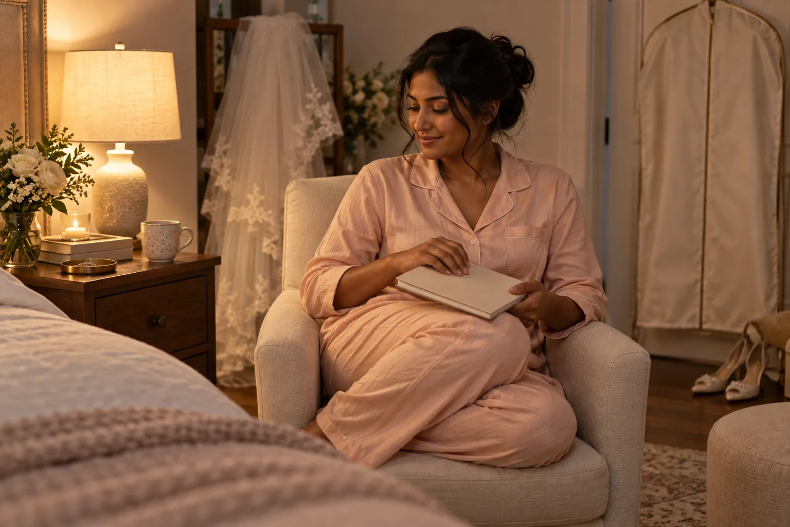 A woman in peach pajamas closing a notebook beside a warmly lit table before bed