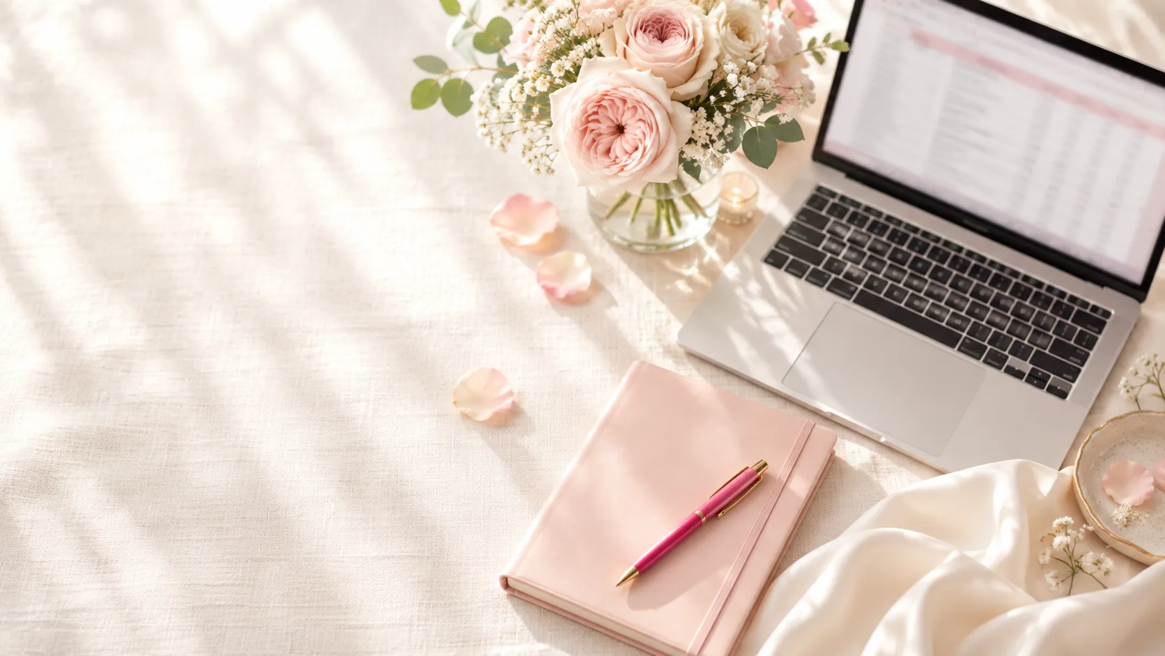 Laptop, blush notebook and roses on cream linen