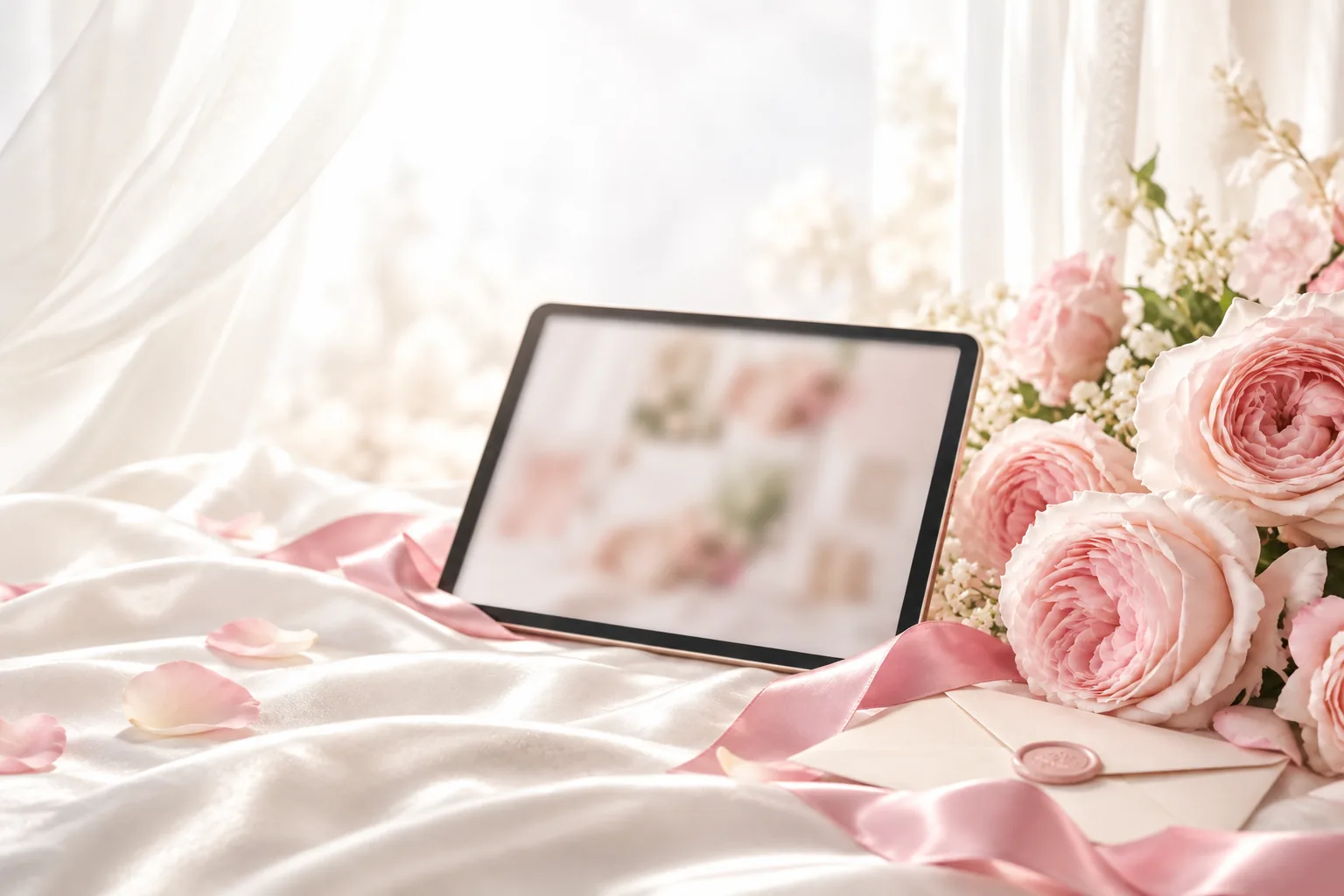 Tablet, satin ribbon and blush roses