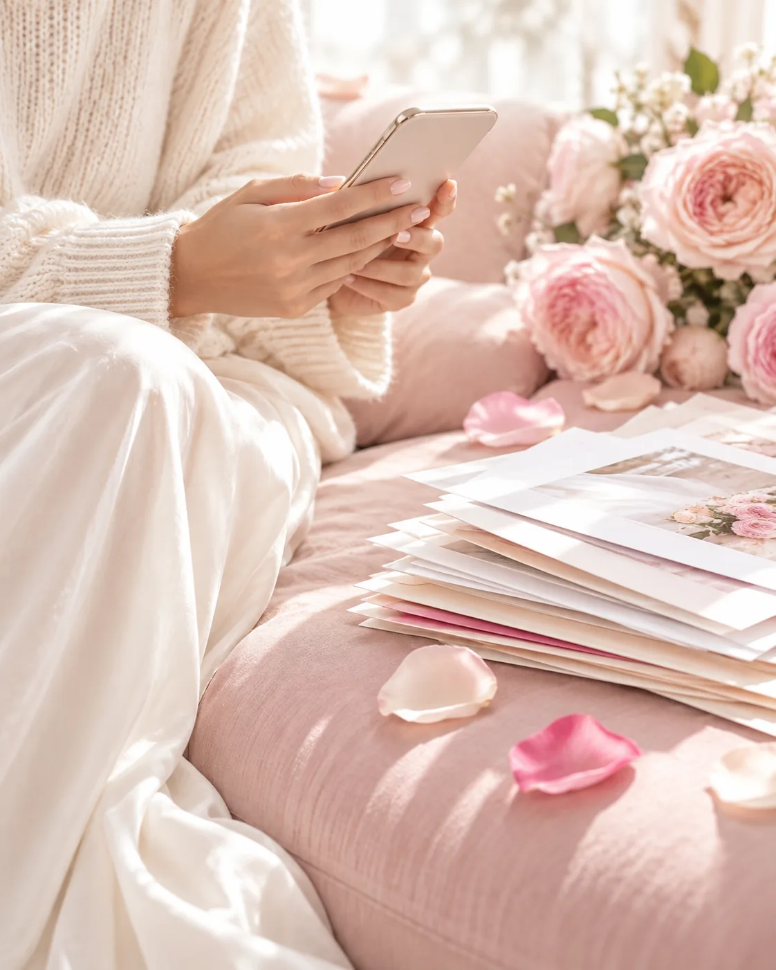 Hands holding a phone beside vendor papers on a blush sofa