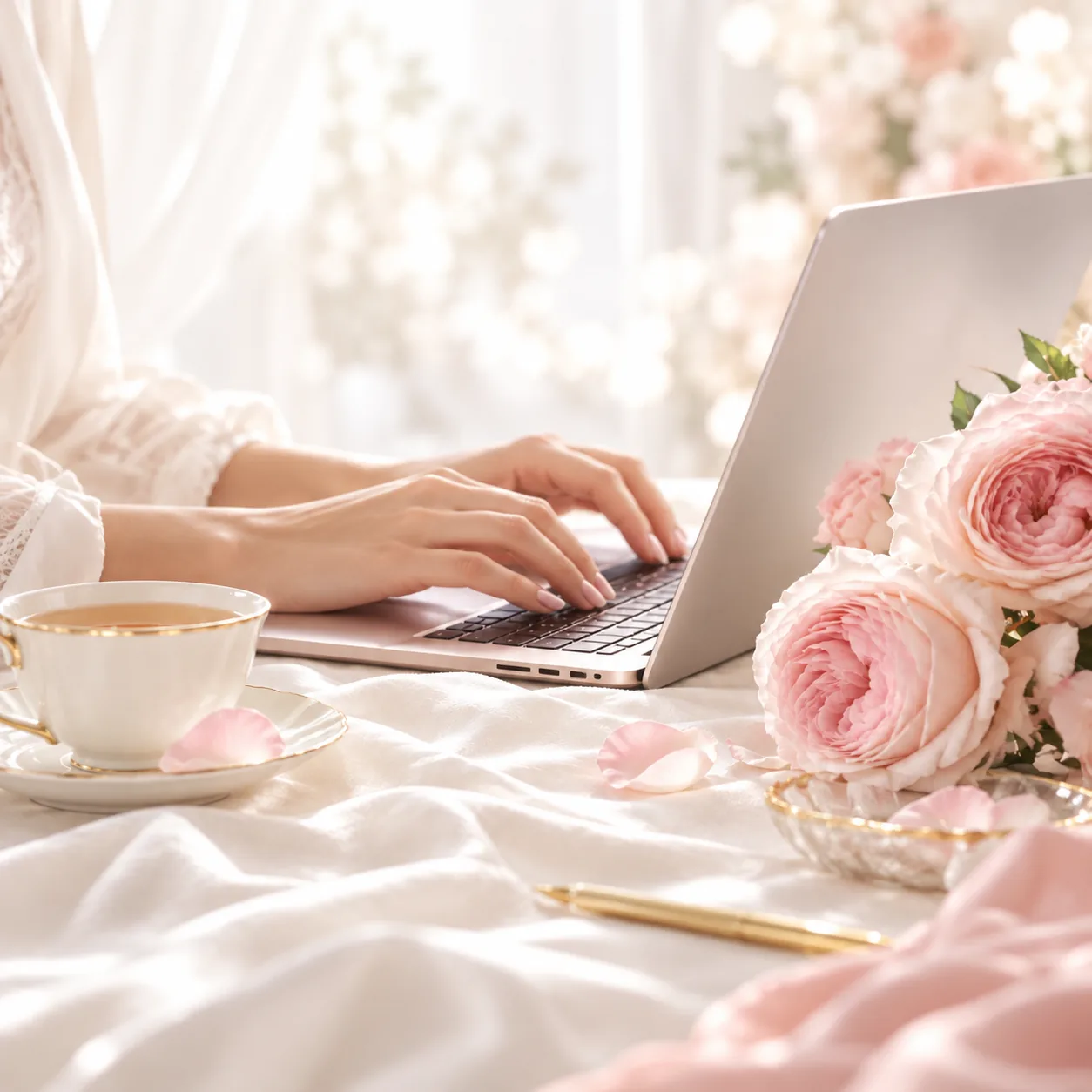 Hand typing beside tea and blush roses
