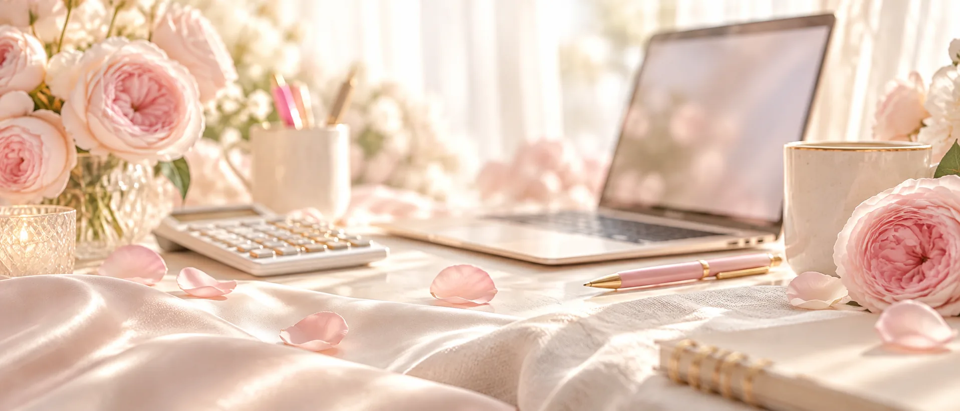 Laptop, calculator and rose petals on a cream desk
