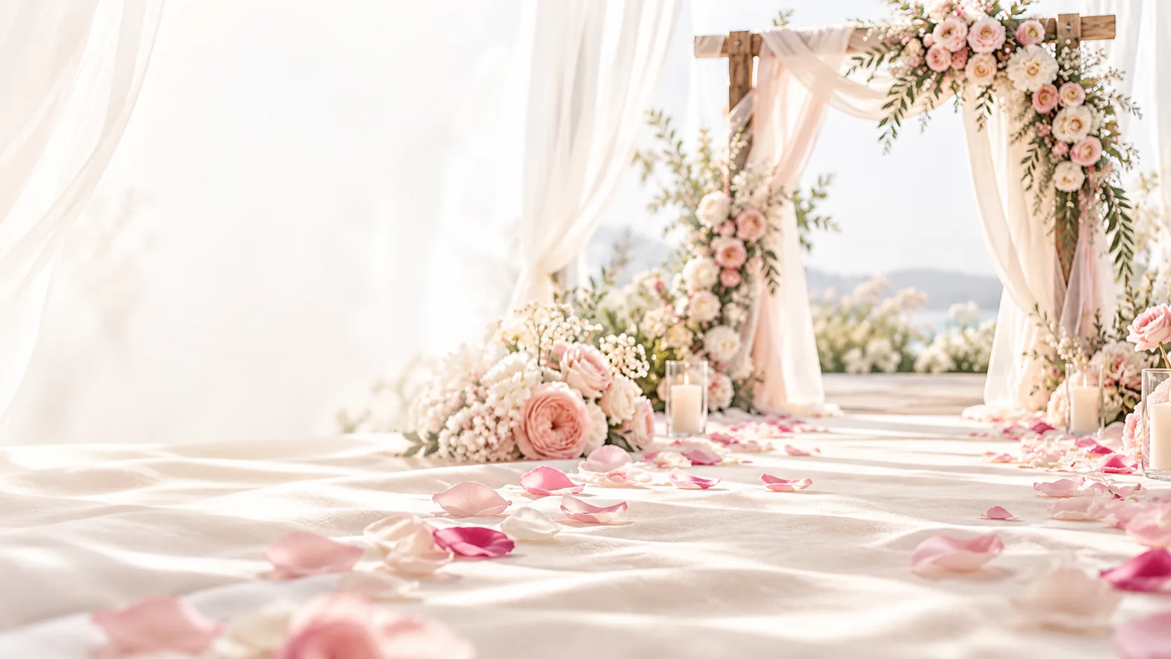 Blush petals on a cream wedding aisle leading to an arch