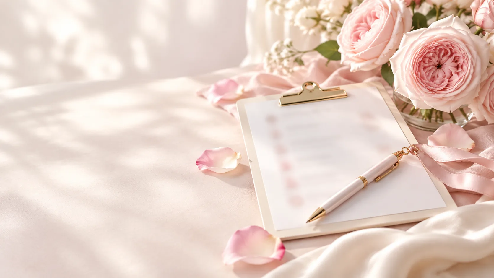 Clipboard, pen and roses on a pink table