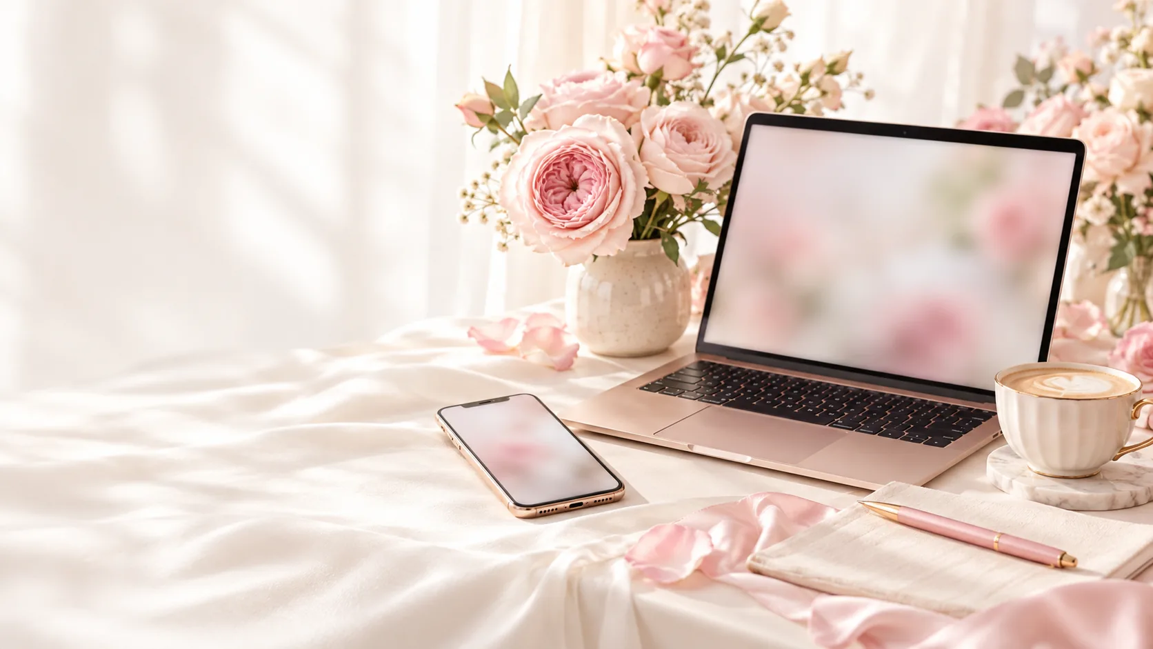Laptop and phone beside blush roses