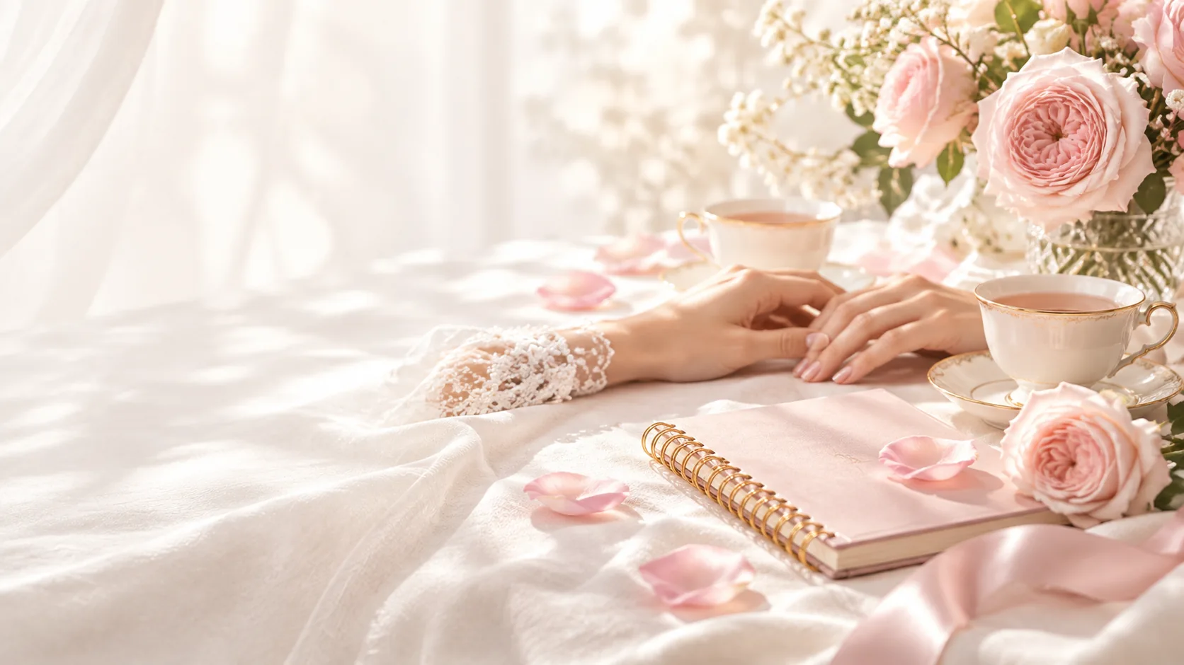 Two cups of tea and hands beside a notebook and rose