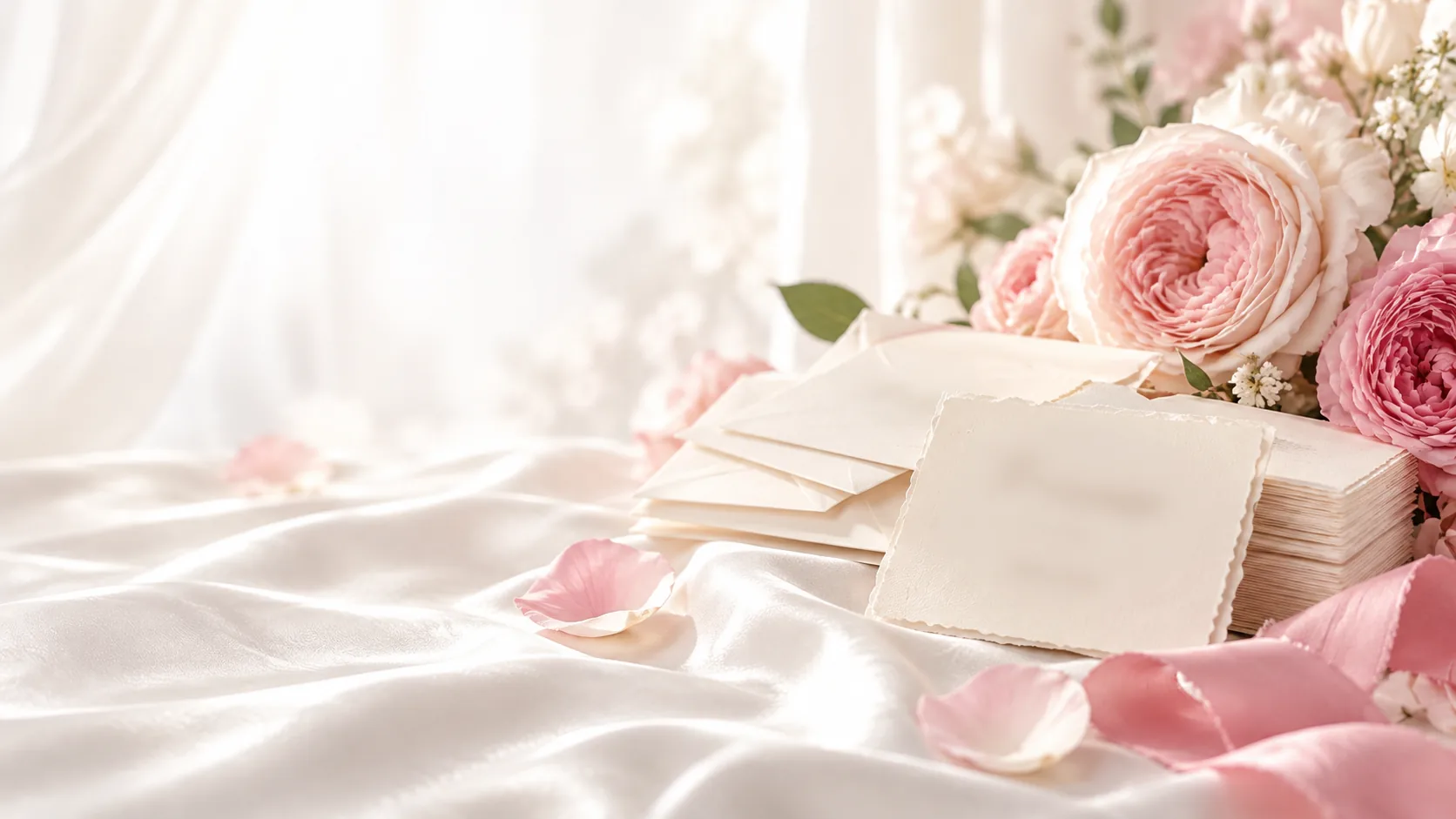 Place cards and cream envelopes on satin