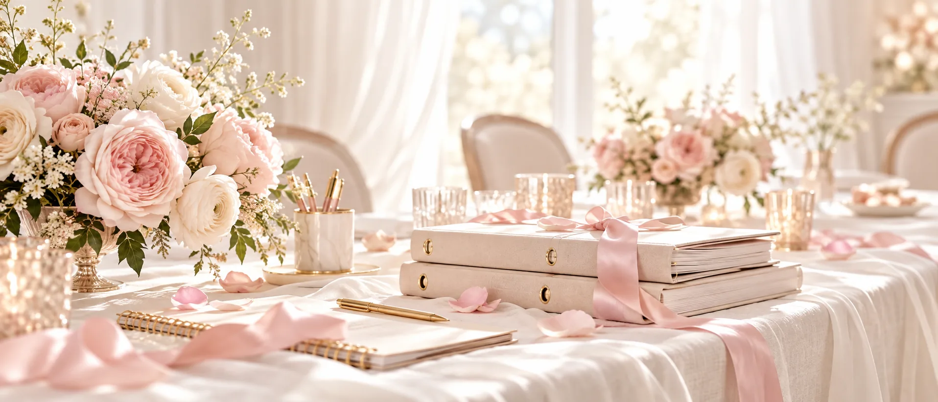 Wedding planning table with ribbons and blush roses