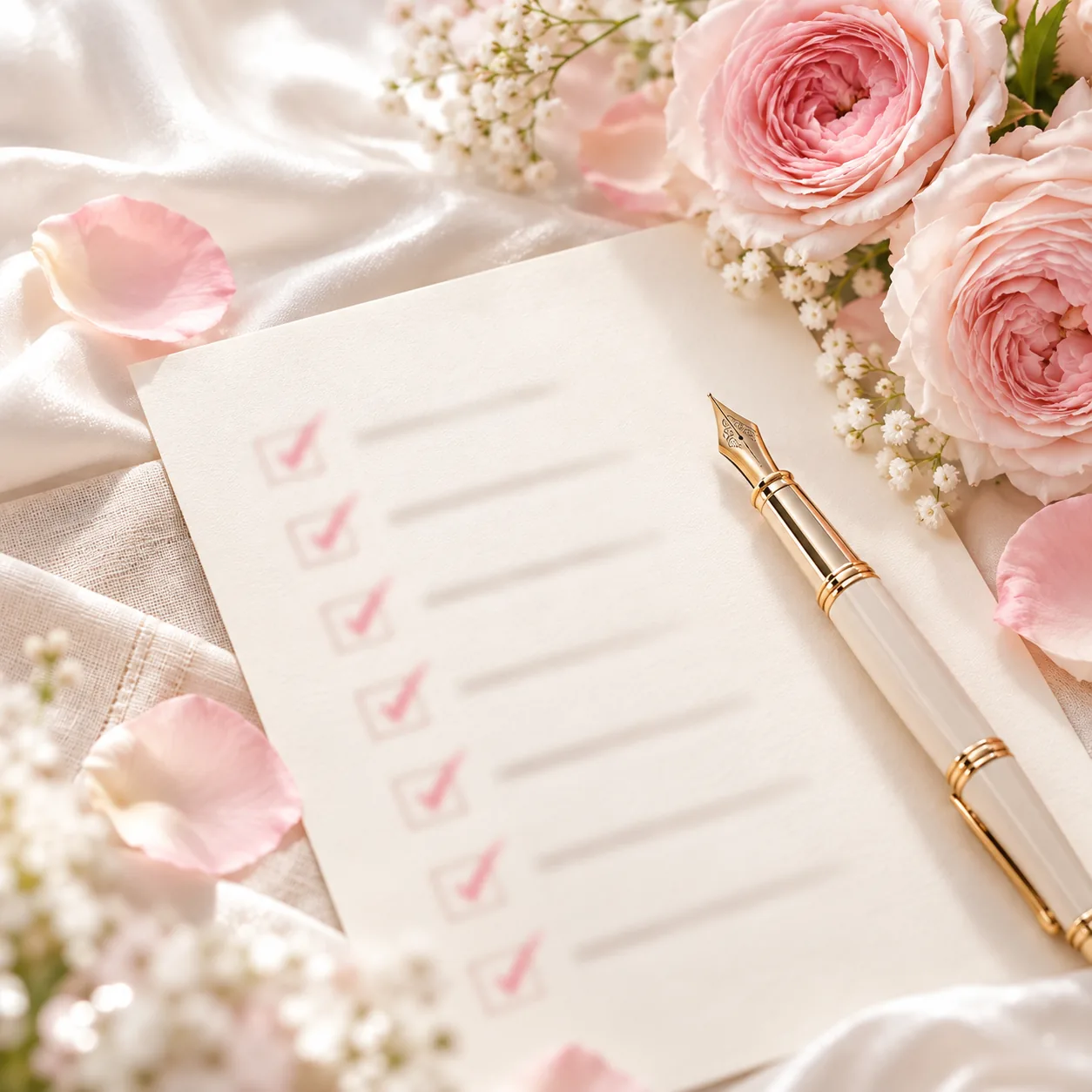 Cream checklist, pen and blush roses