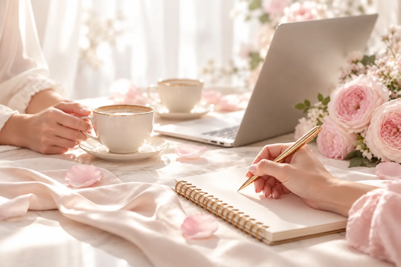 Two coffee cups, hands and a laptop on a cream table