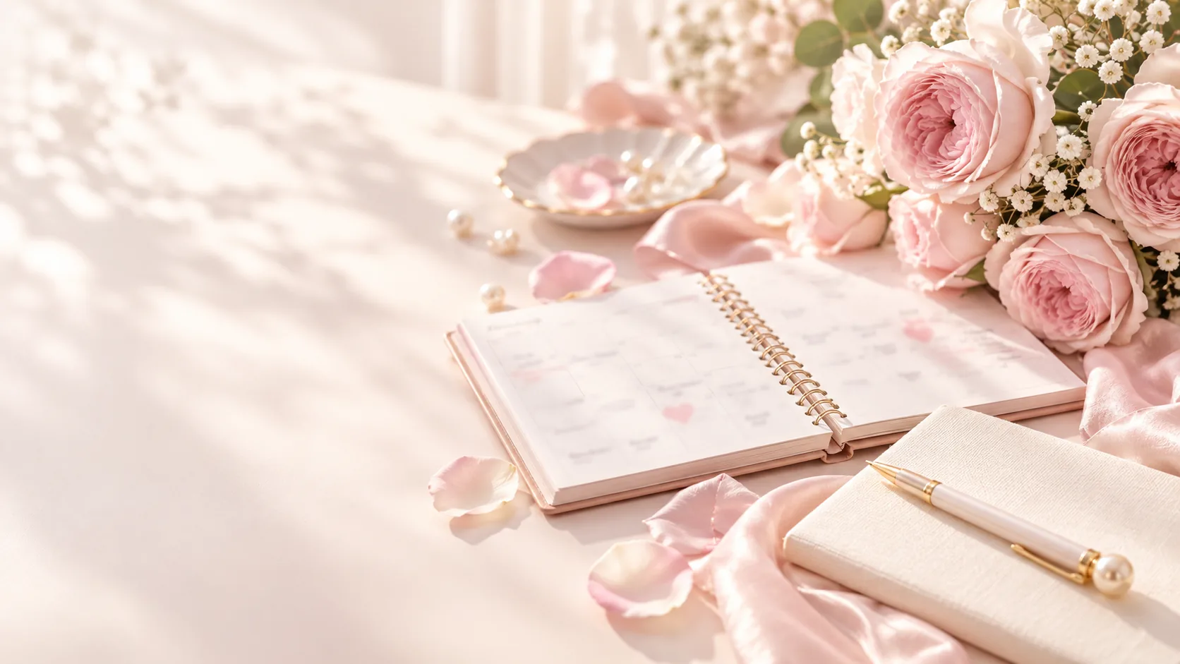 Calendar, notebook and blush roses on a pink desk