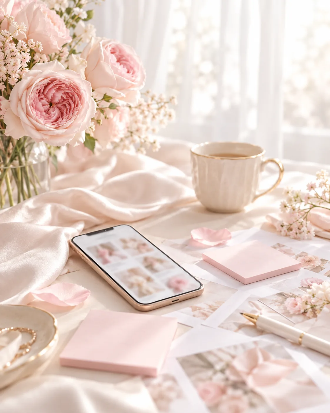 Pink notes, phone and loose papers on a cream desk