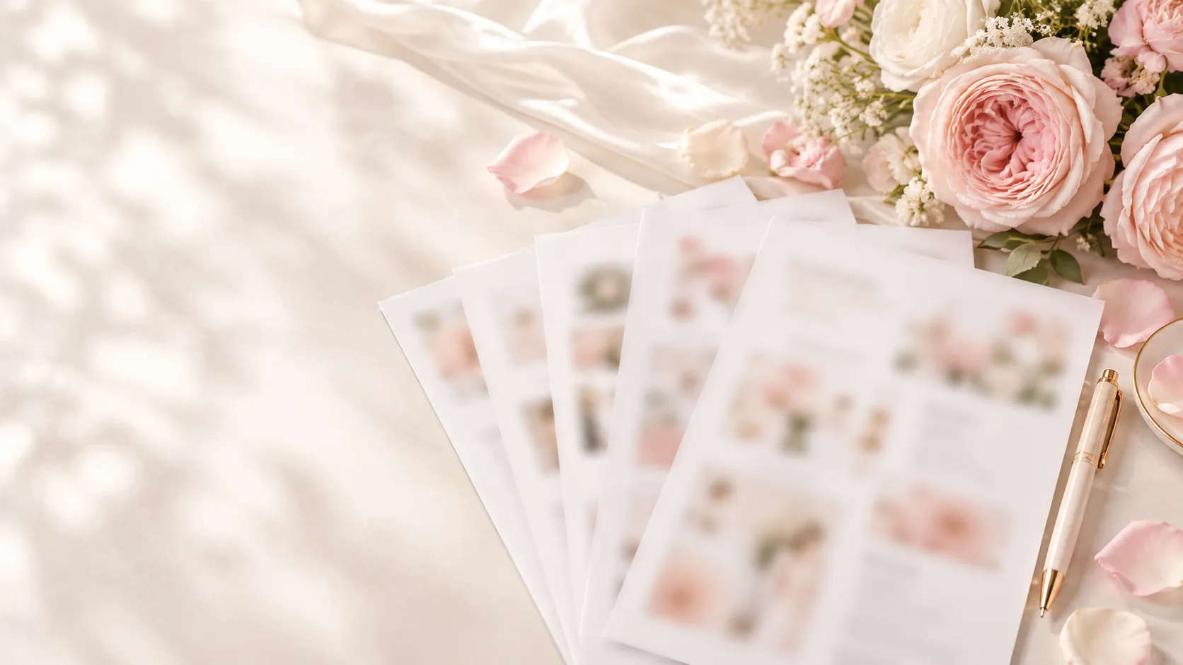 Vendor papers, pen and blush roses on a cream desk