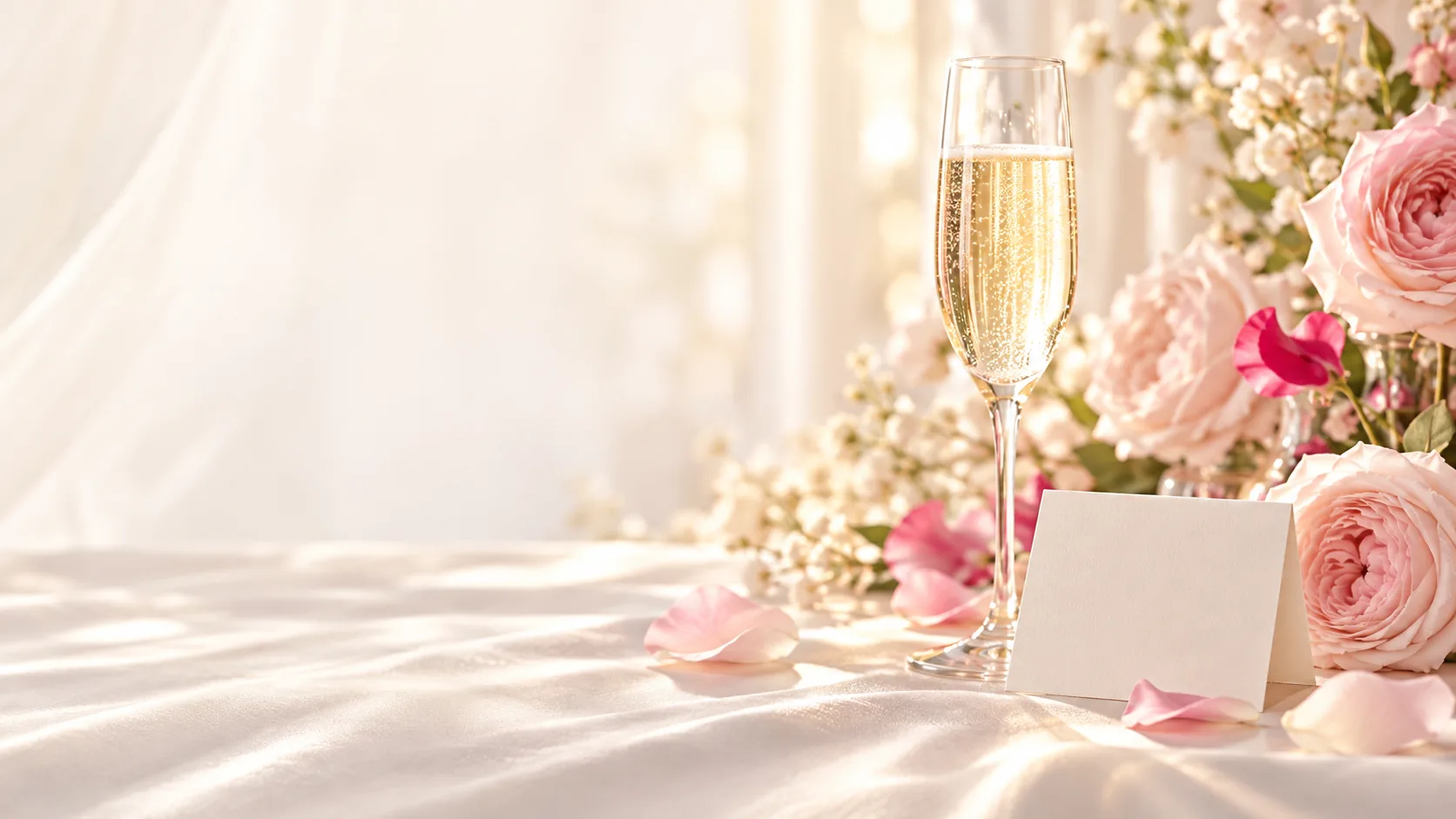 Champagne flute, cream card and roses