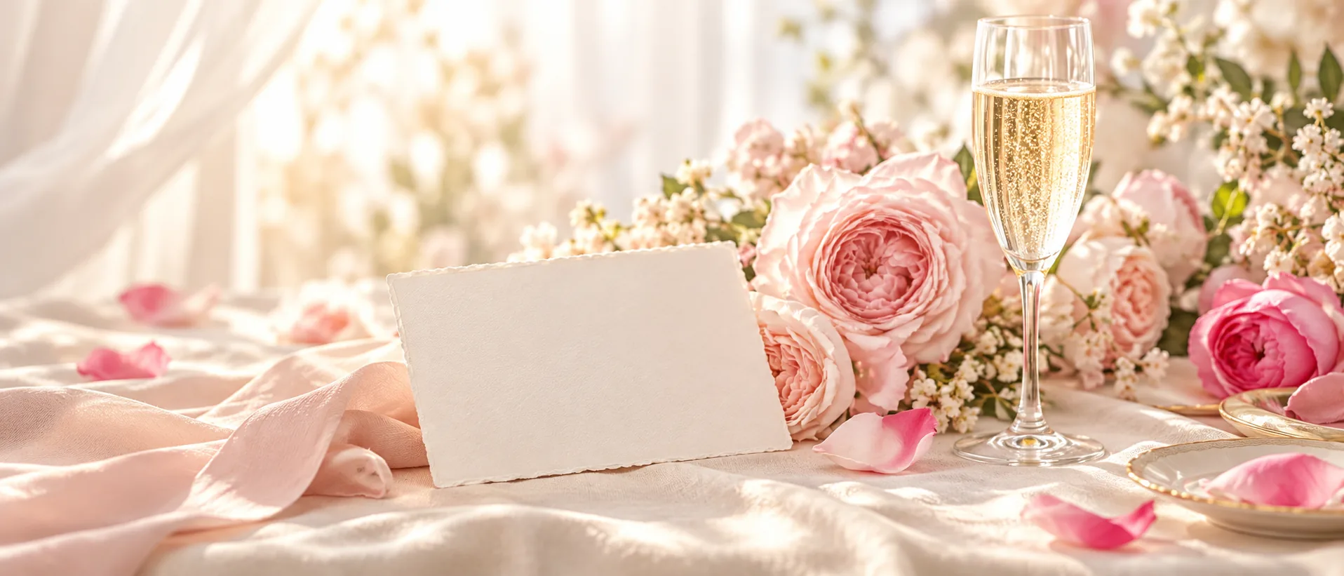 Vow card, roses and a champagne flute